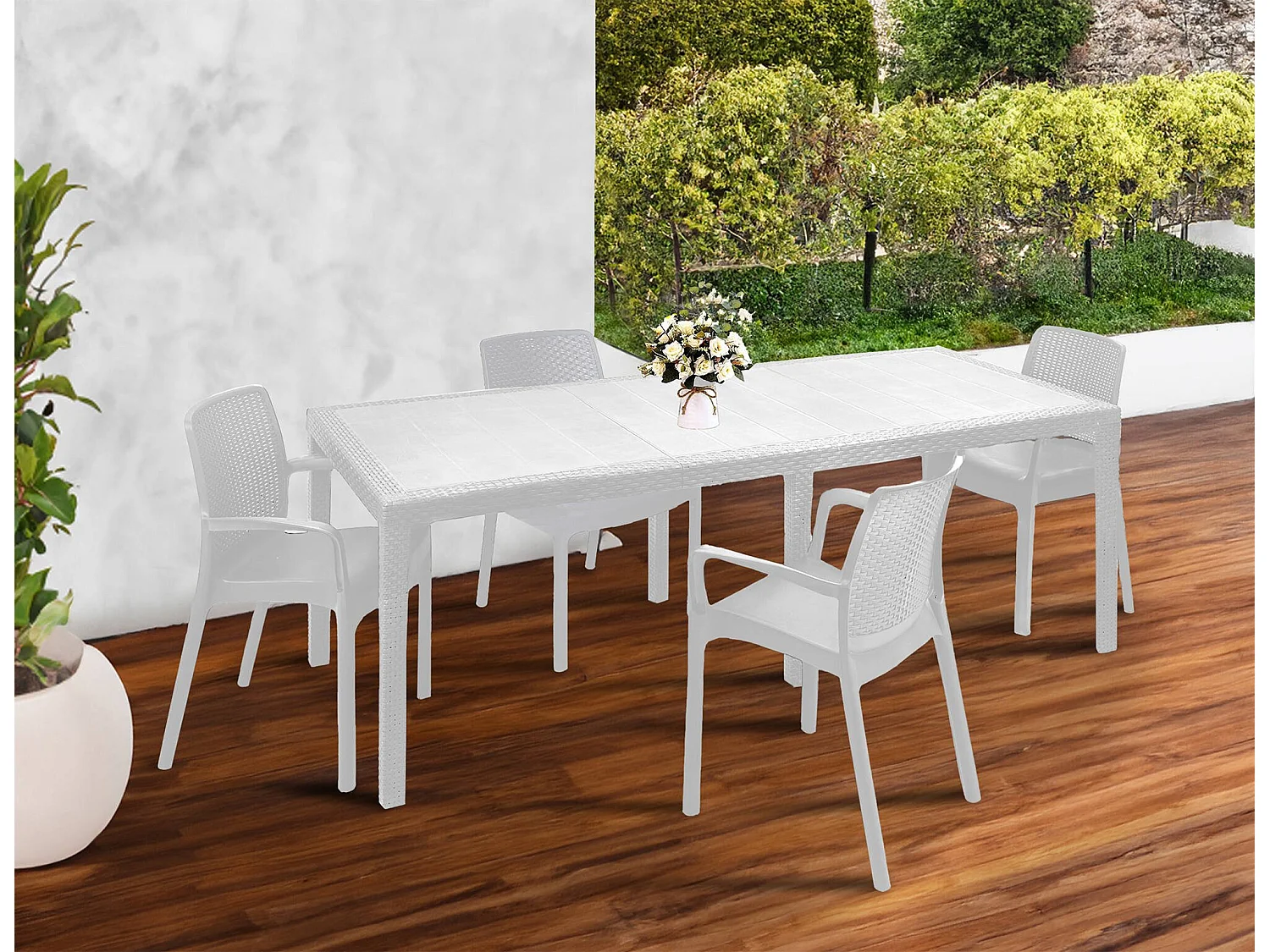 Mesa externa Dantonaz, Mesa de jantar extensível retangular com 4 cadeiras incluídas, Mesa e assentos de jardim com efeito Rattan, 100% Fabricado na Itália, Branco