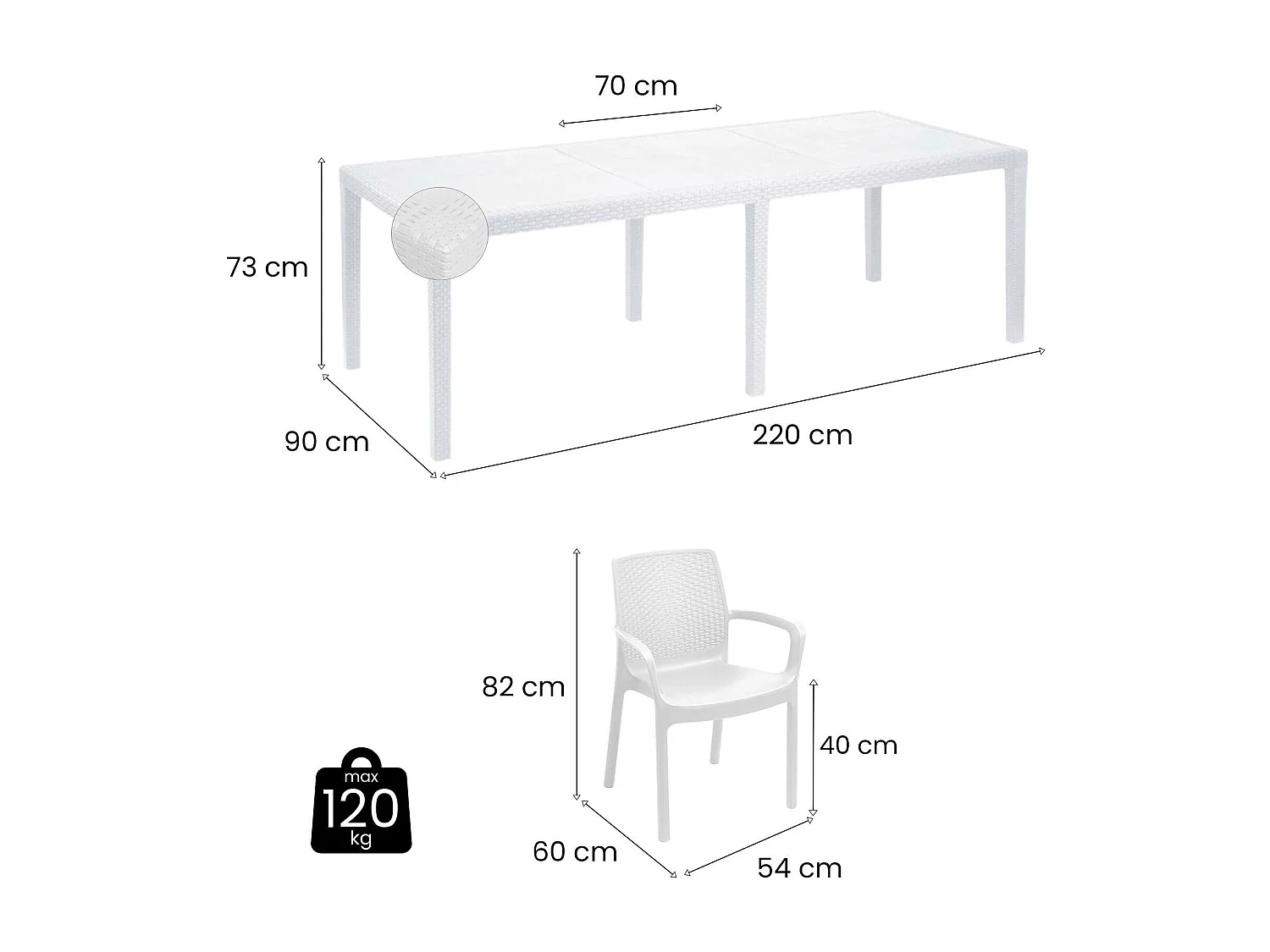 Mesa externa Dantonaz, Mesa de jantar extensível retangular com 4 cadeiras incluídas, Mesa e assentos de jardim com efeito Rattan, 100% Fabricado na Itália, Branco