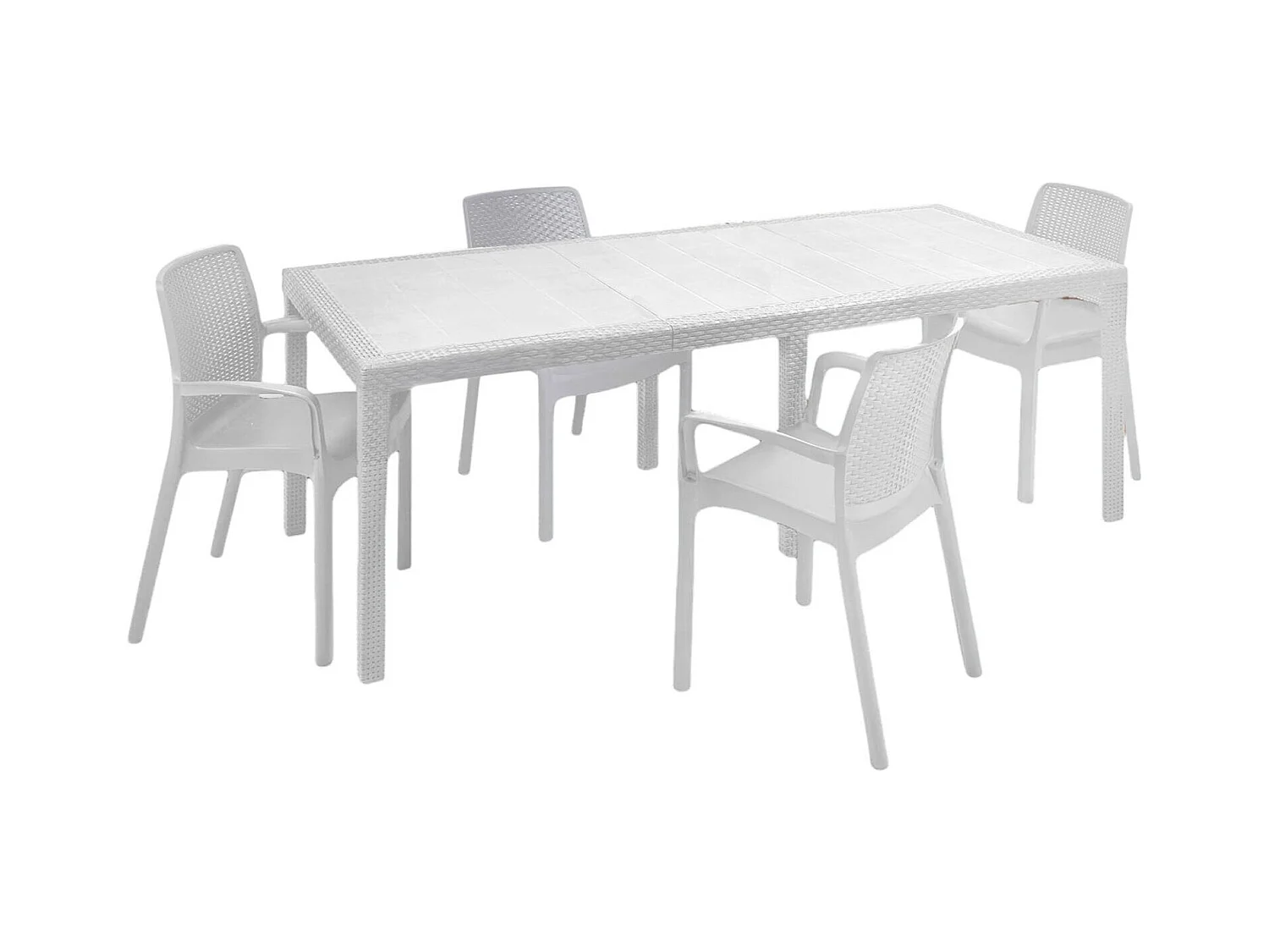 Table d'extérieur Manarola, Table à manger rectangulaire extensible avec 4 chaises incluses, Table et sièges de jardin effet rotin, 100% Made in Italy, Blanc