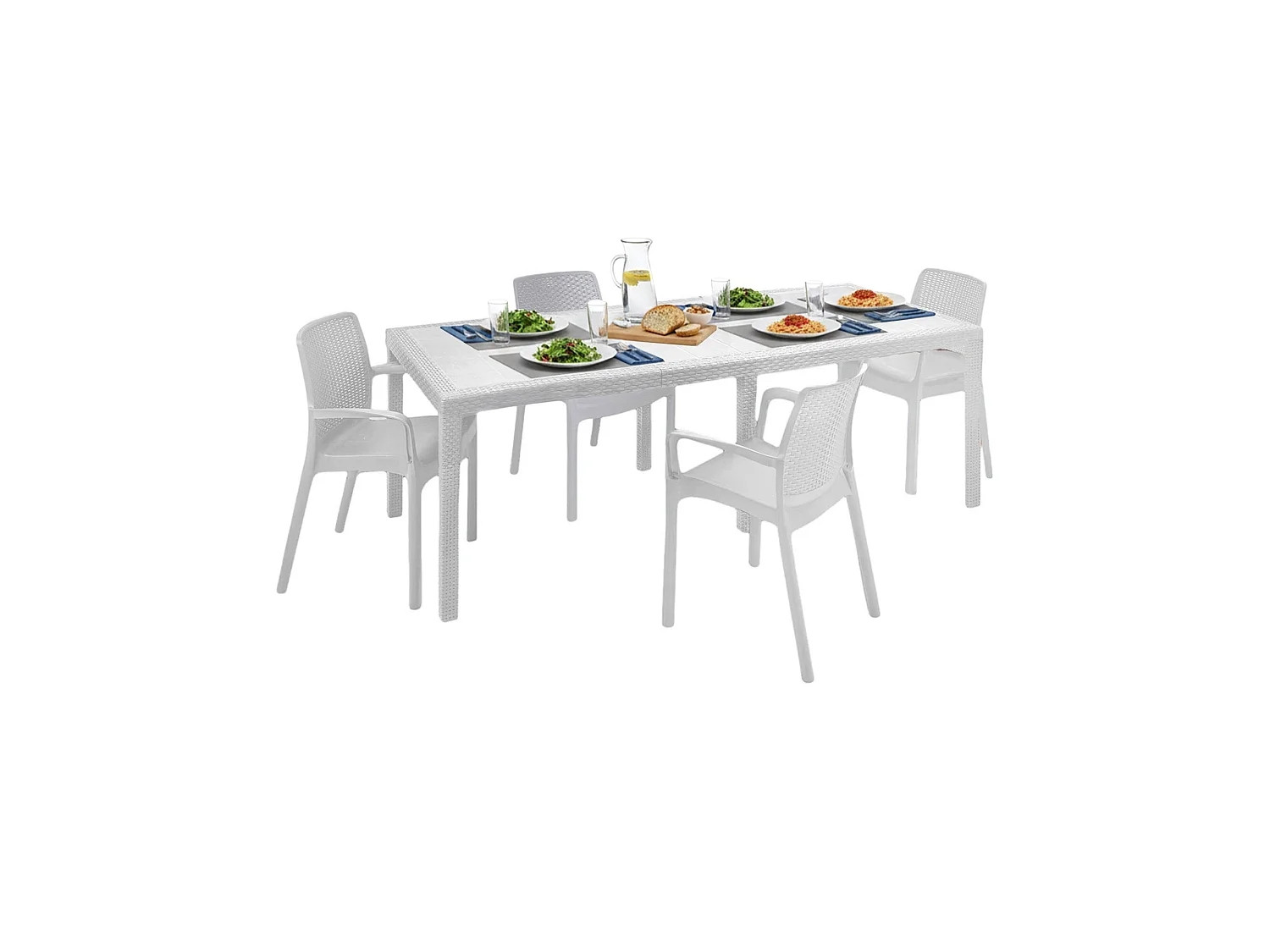 Ensemble table extensible et 4 chaises de jardin Dantonaz. Effet rotin, idéal pour l'extérieur, 100% Made in Italy, Blanc
