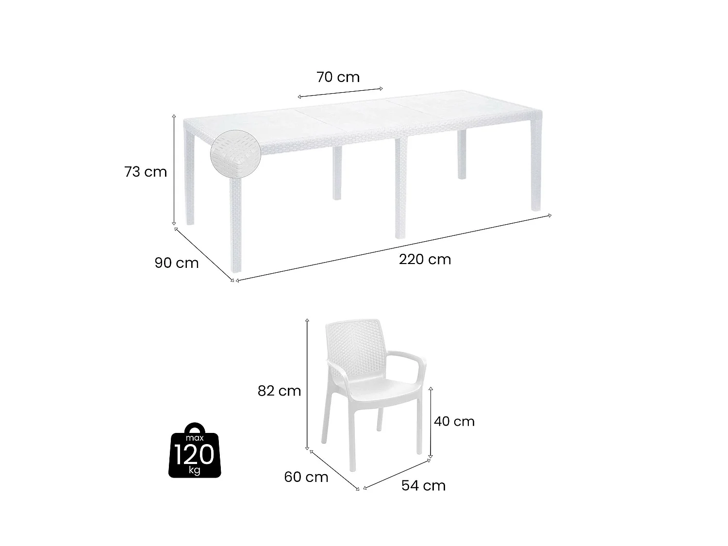 Ensemble table extensible et 4 chaises de jardin Dantonaz. Effet rotin, idéal pour l'extérieur, 100% Made in Italy, Blanc