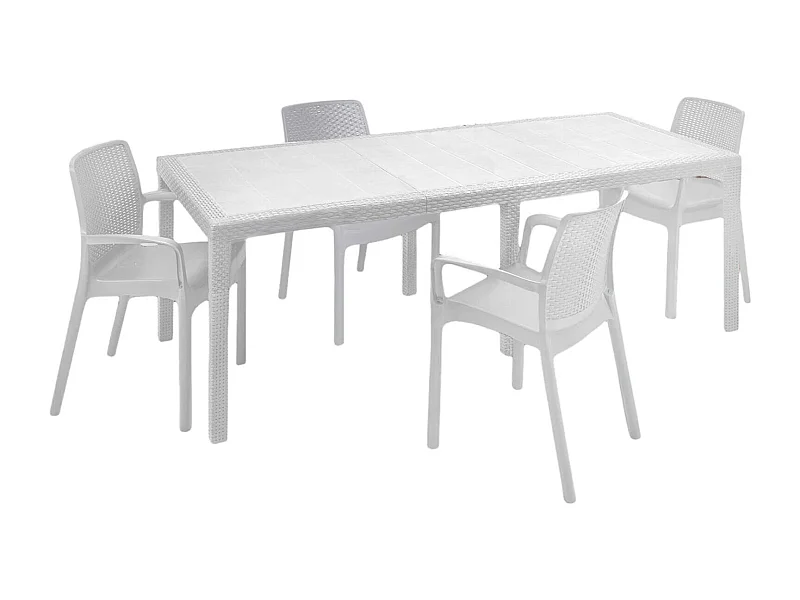 Dantonaz buitentafel, Uitschuifbare rechthoekige eettafel met 4 stoelen inbegrepen, Tuintafel en stoelen met rotaneffect, 100% Made in Italy, Wit