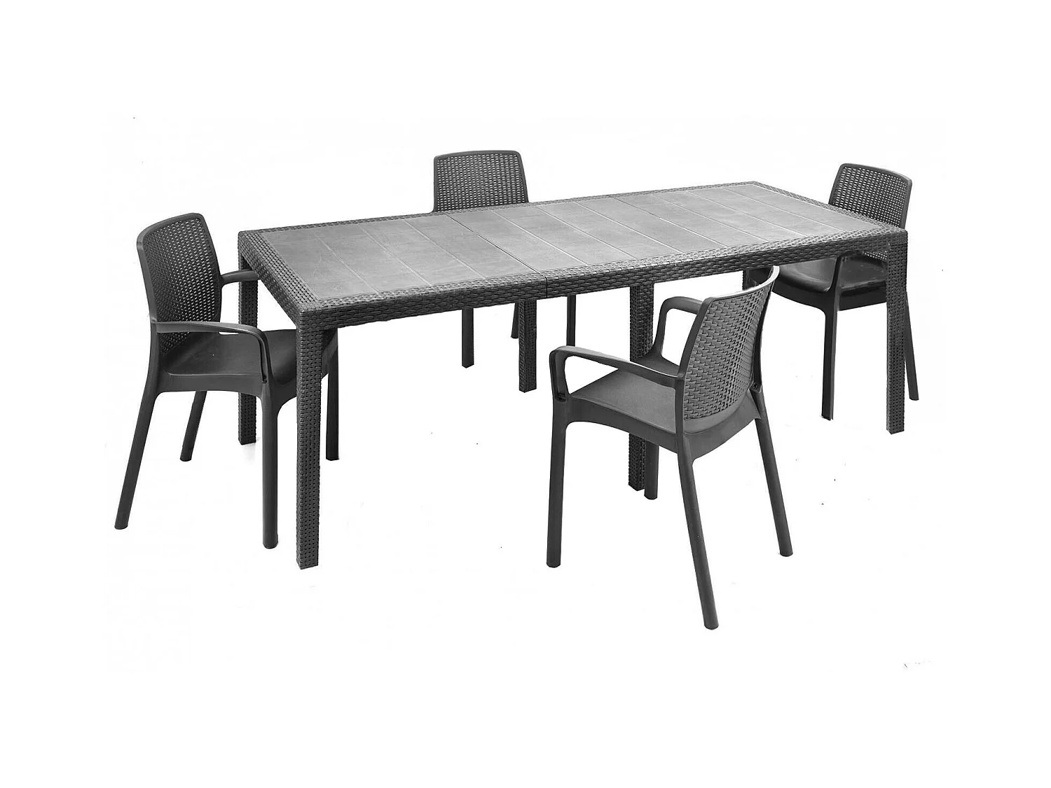 Table d'extérieur Manarola, Table à manger rectangulaire extensible avec 4 chaises incluses, Table et sièges de jardin effet rotin, 100% Made in Italy, Anthracite