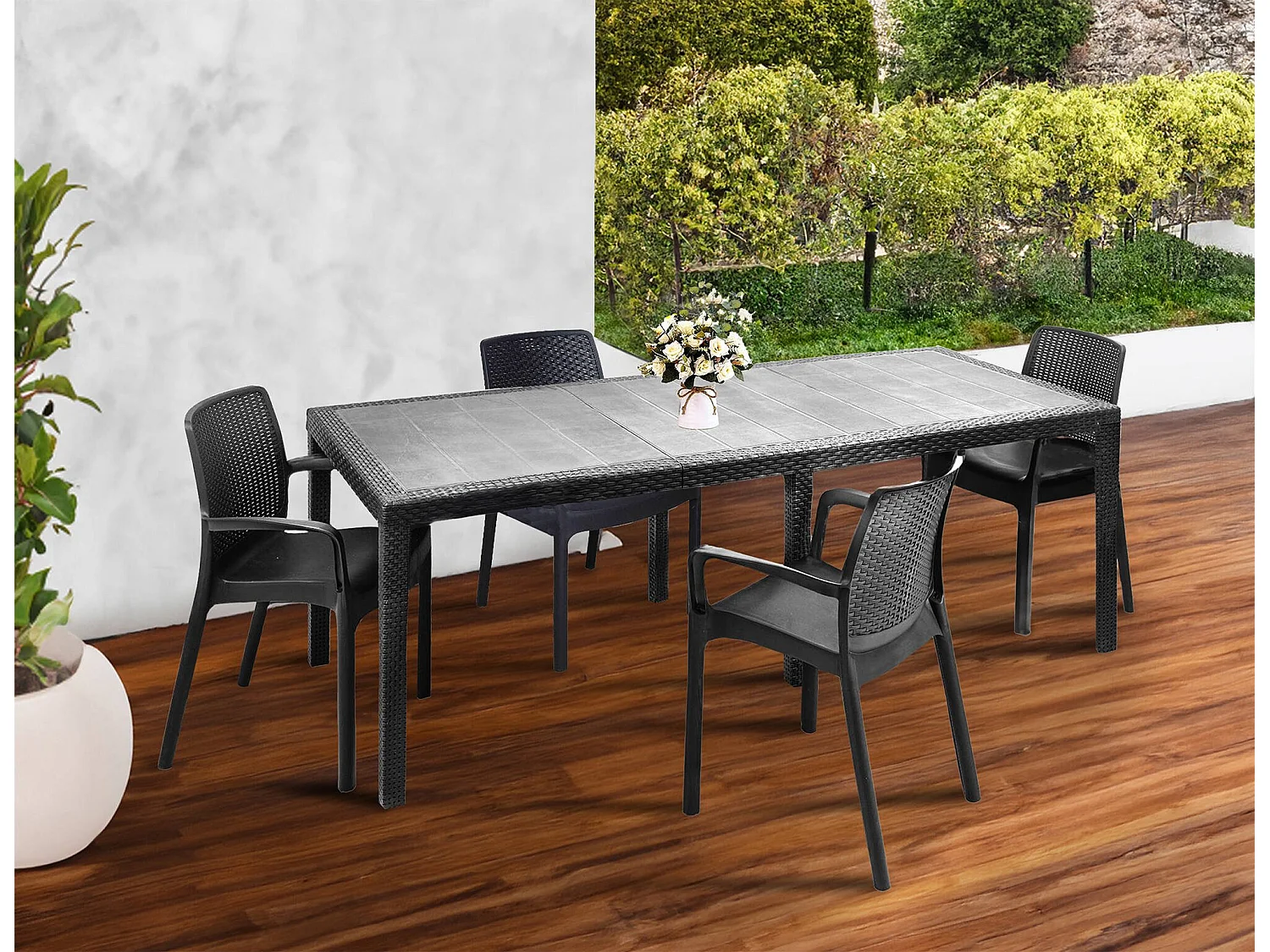 Table d'extérieur Manarola, Table à manger rectangulaire extensible avec 4 chaises incluses, Table et sièges de jardin effet rotin, 100% Made in Italy, Anthracite