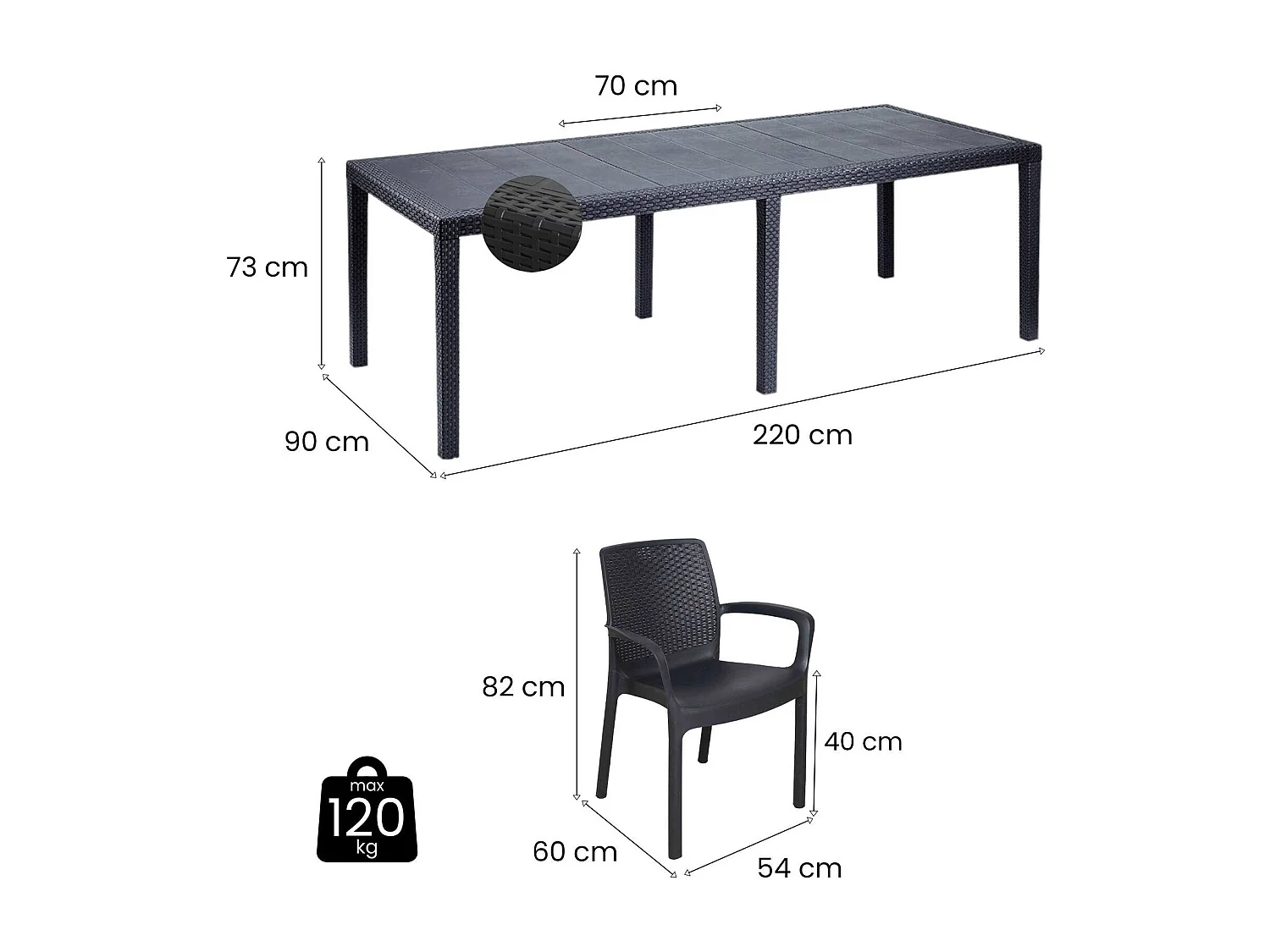 Mesa de exterior Dantonaz, Mesa de comedor rectangular extensible con 4 sillas incluidas, Mesa y asientos de jardín efecto ratán, 100% Made in Italy, Antracita
