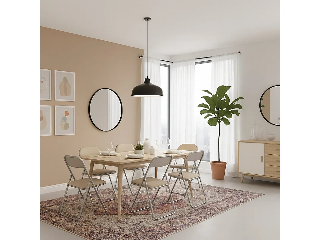 Lot de 6 chaises pliantes Dgraf, Fauteuil gain de place, Chaise invité, Siège de réunion en simili cuir, 43x47h80 cm, Beige