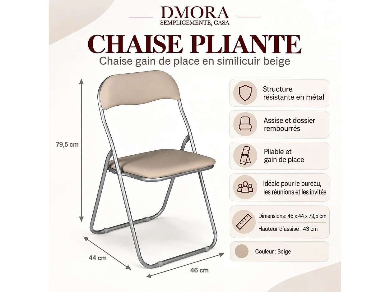 Chaise pliante Dgraf, Chaise peu encombrante, Chaise invité, Siège de réunion en éco-cuir, 43x47h80 cm, Beige