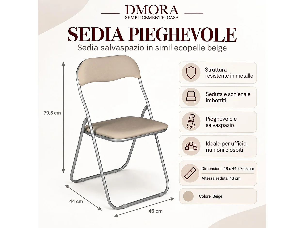 Chaise pliante Dgraf, Chaise peu encombrante, Chaise invité, Siège de réunion en éco-cuir, 43x47h80 cm, Beige