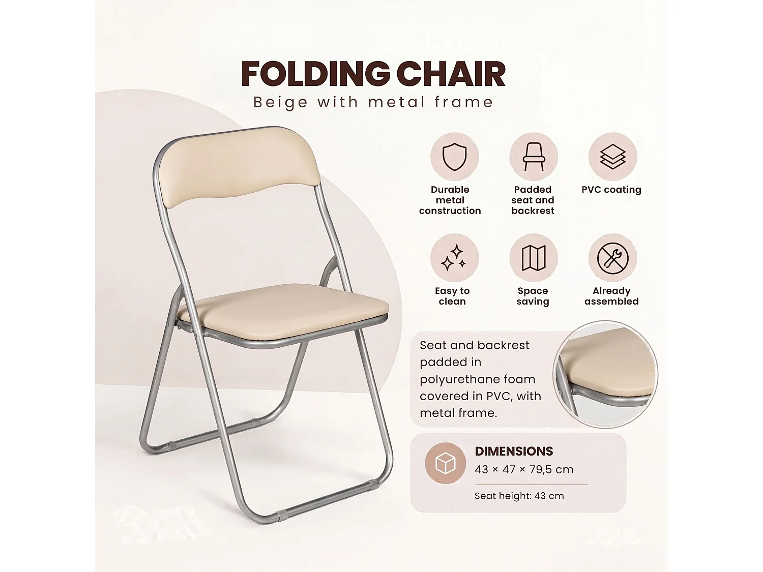 Chaise pliante Dgraf, Chaise peu encombrante, Chaise invité, Siège de réunion en éco-cuir, 43x47h80 cm, Beige