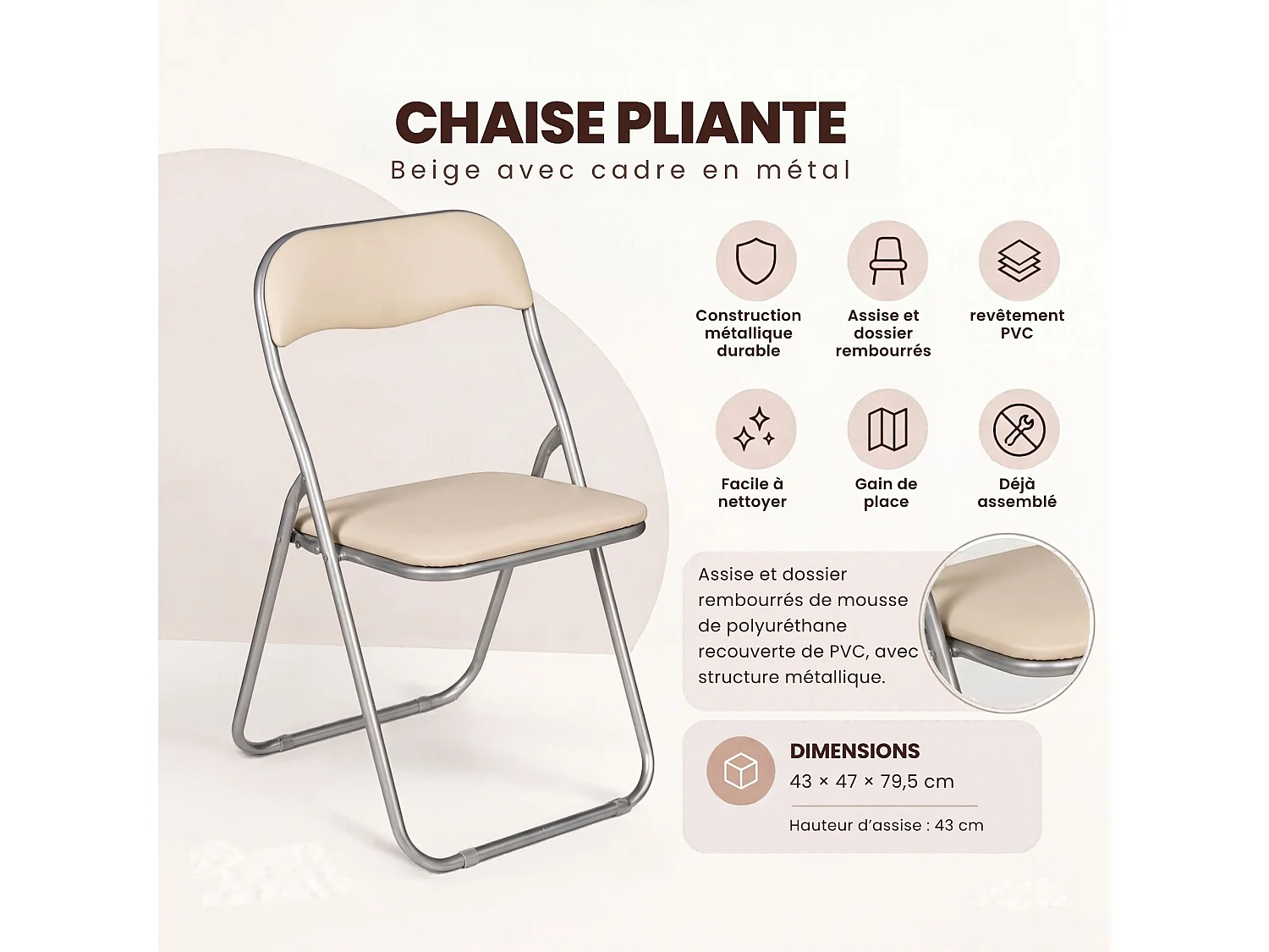 Chaise pliante Dgraf, Chaise peu encombrante, Chaise invité, Siège de réunion en éco-cuir, 43x47h80 cm, Beige