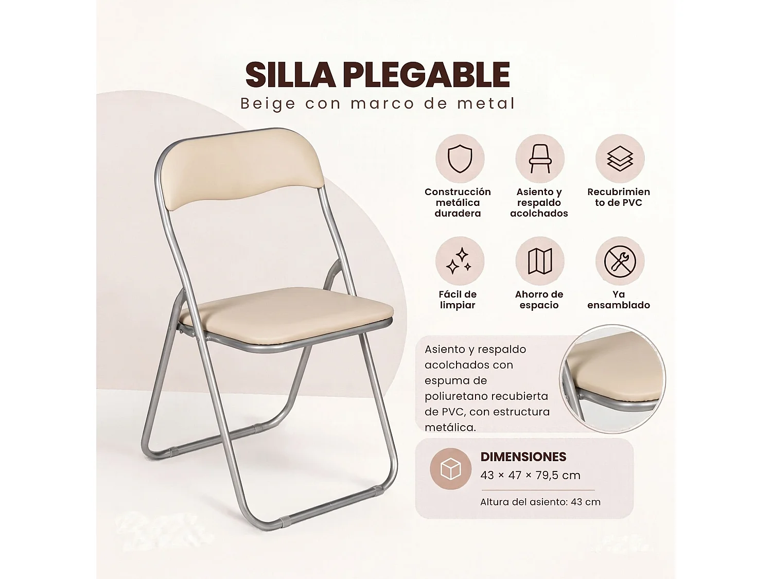 Chaise pliante Dgraf, Chaise peu encombrante, Chaise invité, Siège de réunion en éco-cuir, 43x47h80 cm, Beige