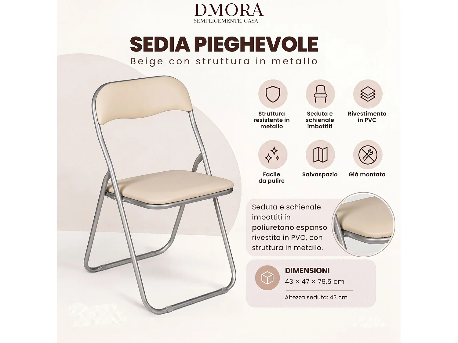 Chaise pliante Dgraf, Chaise peu encombrante, Chaise invité, Siège de réunion en éco-cuir, 43x47h80 cm, Beige