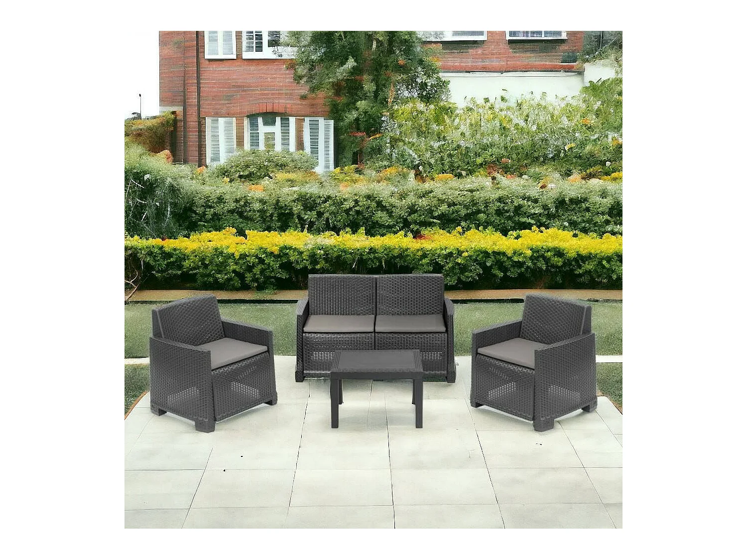 Salon d'extérieur Dbagnolin, Ensemble de jardin avec 2 fauteuils, 1 canapé et 1 table basse, Effet rotin avec coussins, 100% Made in Italy, Anthracite