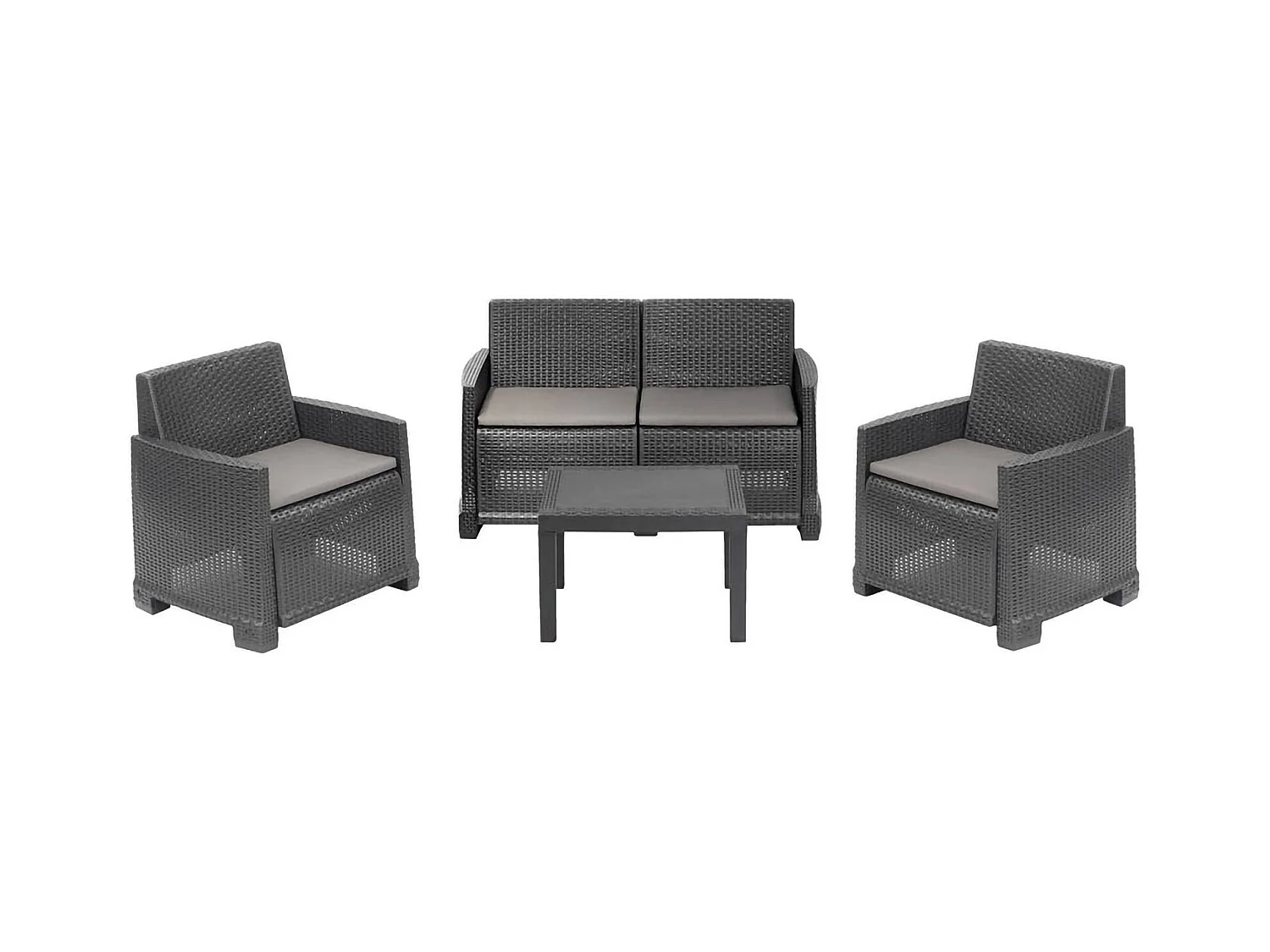 Salon d'extérieur Dbagnolin, Ensemble de jardin avec 2 fauteuils, 1 canapé et 1 table basse, Effet rotin avec coussins, 100% Made in Italy, Anthracite