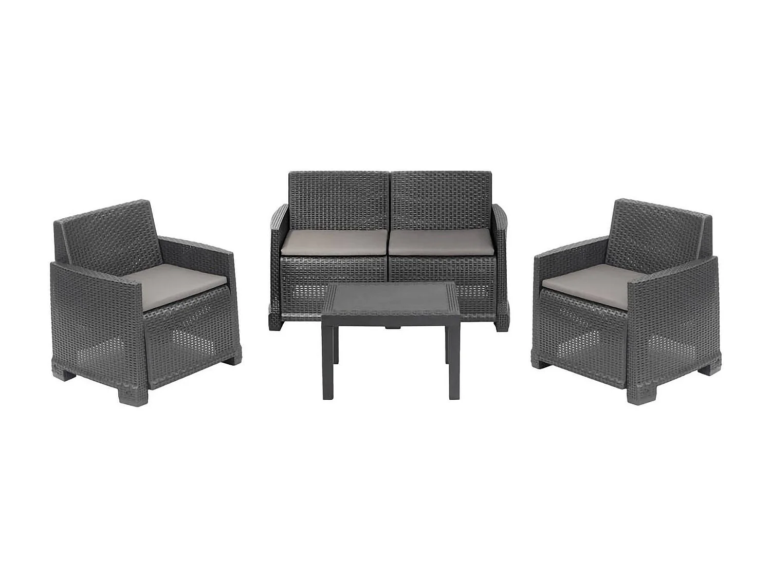 Lounge-Set für drauÃŸen Dbagnolin, Garten-Set mit 2 Sesseln, 1 Sofa und 1 Couchtisch, Rattan-Effekt mit Kissen, 100 % Made in Italy, Anthrazit