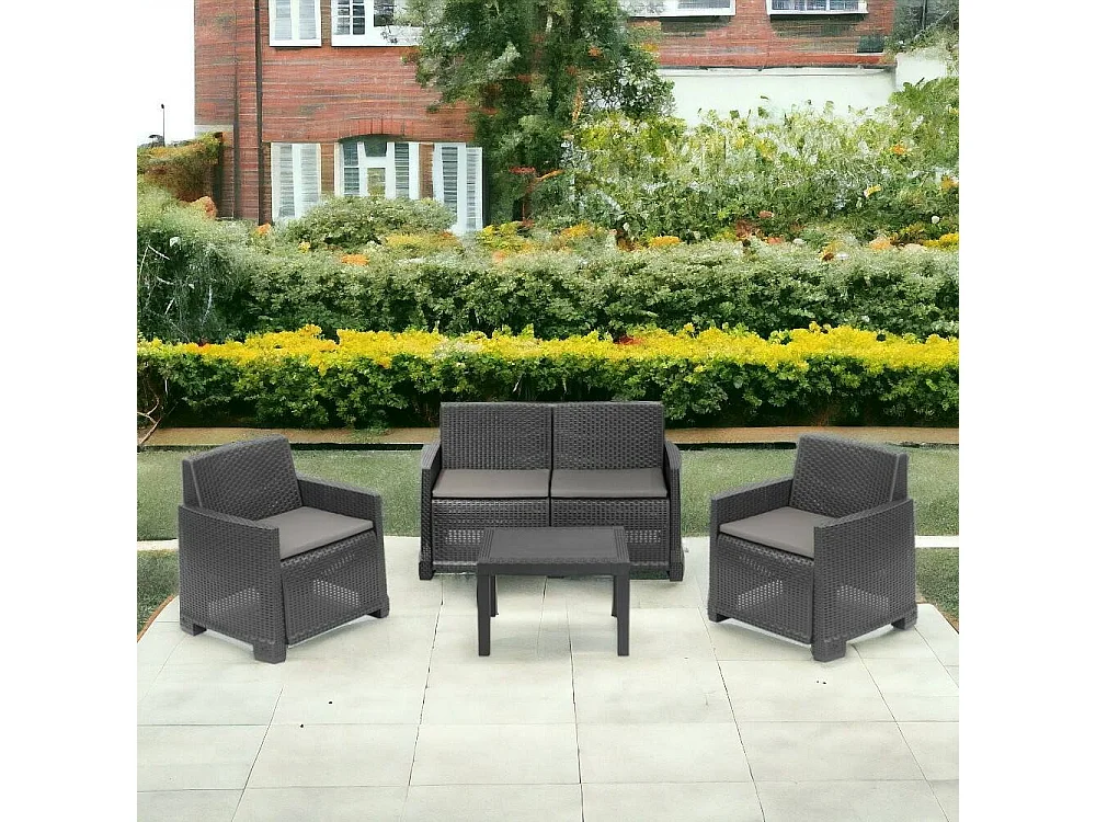 Salon d'extérieur Dbagnolin, Ensemble de jardin avec 2 fauteuils, 1 canapé et 1 table basse, Effet rotin avec coussins, 100% Made in Italy, Anthracite