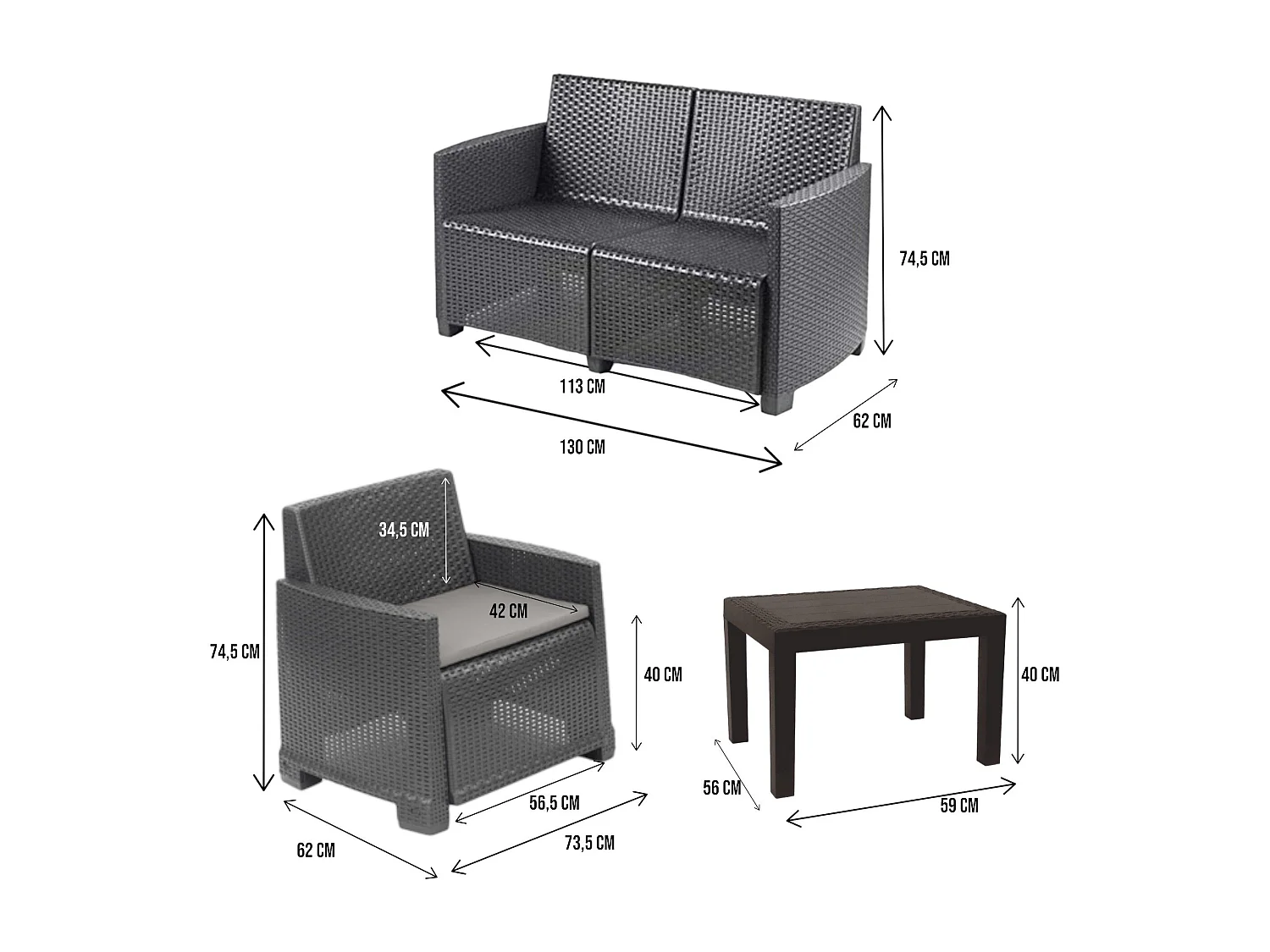 Salon d'extérieur Dbagnolin, Ensemble de jardin avec 2 fauteuils, 1 canapé et 1 table basse, Effet rotin avec coussins, 100% Made in Italy, Anthracite