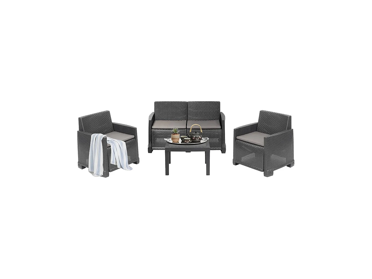 Salon d'extérieur Dbagnolin, Ensemble de jardin avec 2 fauteuils, 1 canapé et 1 table basse, Effet rotin avec coussins, 100% Made in Italy, Anthracite
