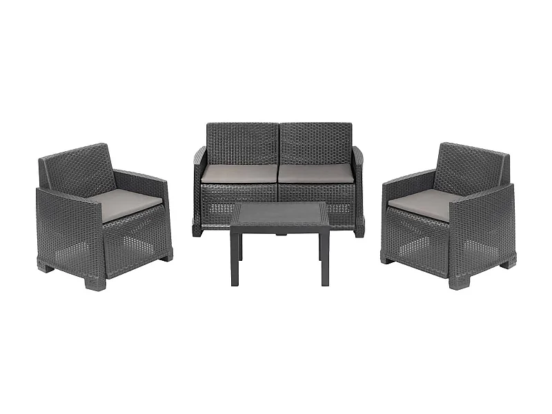 Salon d'extérieur Dbagnolin, Ensemble de jardin avec 2 fauteuils, 1 canapé et 1 table basse, Effet rotin avec coussins, 100% Made in Italy, Anthracite