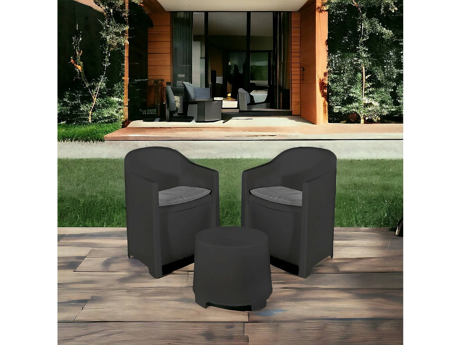 Dandrean buitenloungeset, Tuincompositie met 2 fauteuils en 1 salontafel, Binnen- en buitenlounge met kussens, 100% Made in Italy, Antraciet