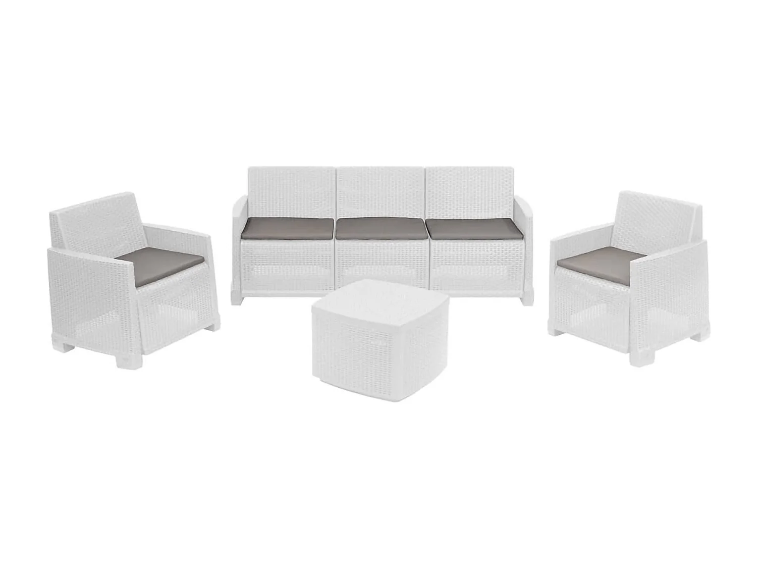 Salon d'extérieur Dbellucc, Salon de jardin avec 2 fauteuils, 1 canapé et 1 table de rangement, Effet rotin avec coussins, 100% Made in Italy, Blanc