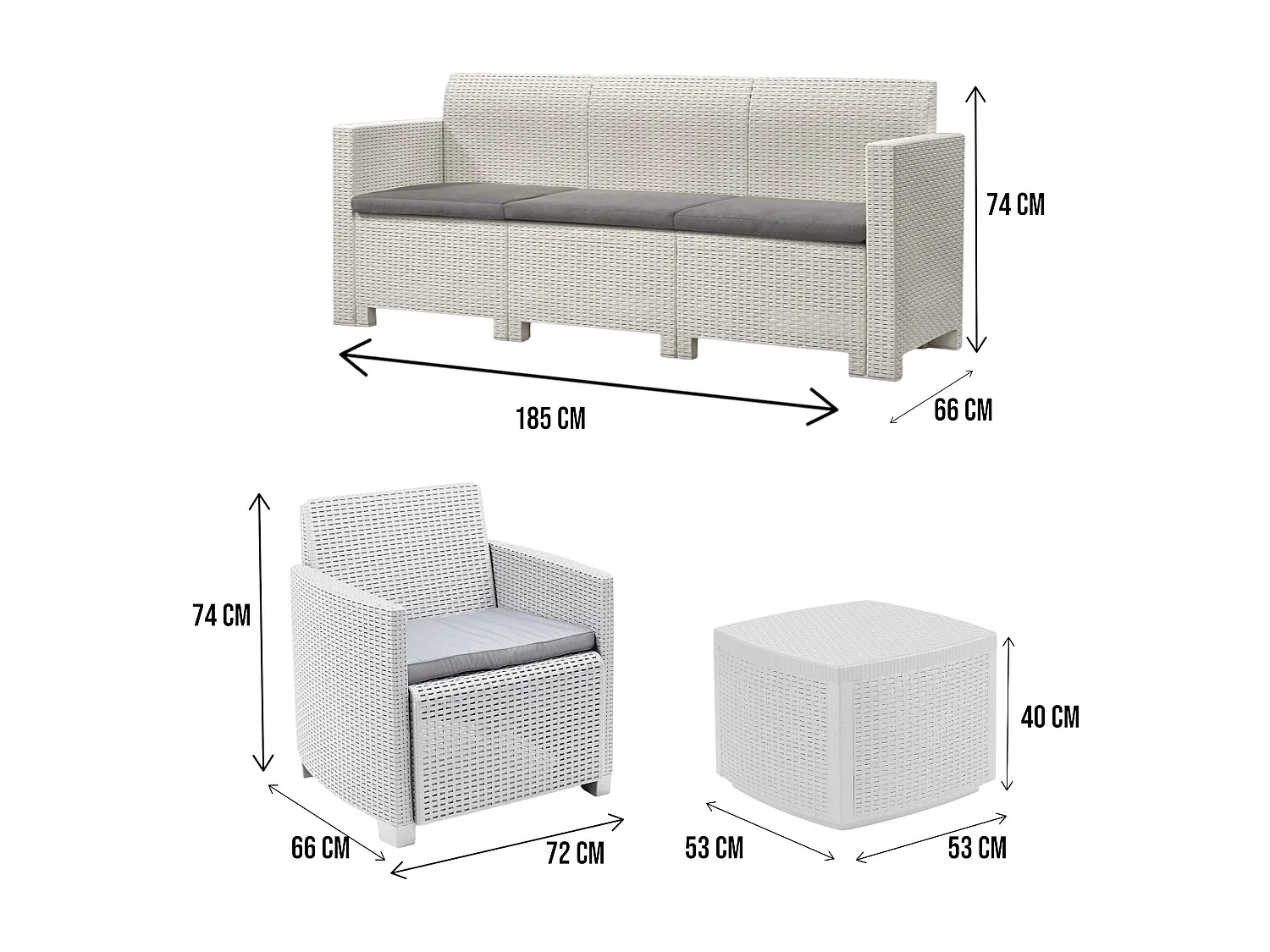 Salon d'extérieur Dbellucc, Salon de jardin avec 2 fauteuils, 1 canapé et 1 table de rangement, Effet rotin avec coussins, 100% Made in Italy, Blanc