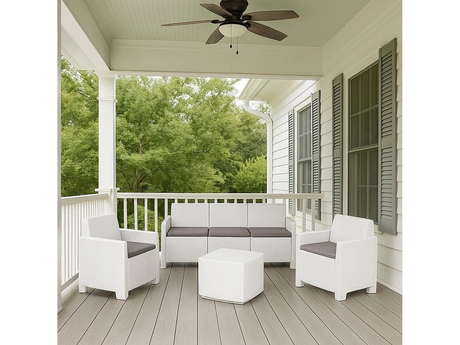 Salon d'extérieur Dbellucc, Salon de jardin avec 2 fauteuils, 1 canapé et 1 table de rangement, Effet rotin avec coussins, 100% Made in Italy, Blanc