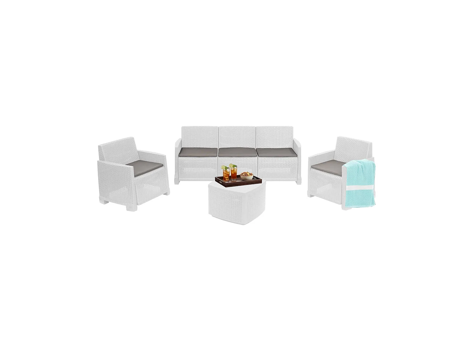 Salon d'extérieur Dbellucc, Salon de jardin avec 2 fauteuils, 1 canapé et 1 table de rangement, Effet rotin avec coussins, 100% Made in Italy, Blanc