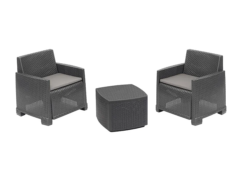 Conjunto de salón de exterior Dbelpan, Conjunto de jardín con 2 sillones y 1 mesa contenedor, Efecto ratán con cojines, 100% Made in Italy, Antracita