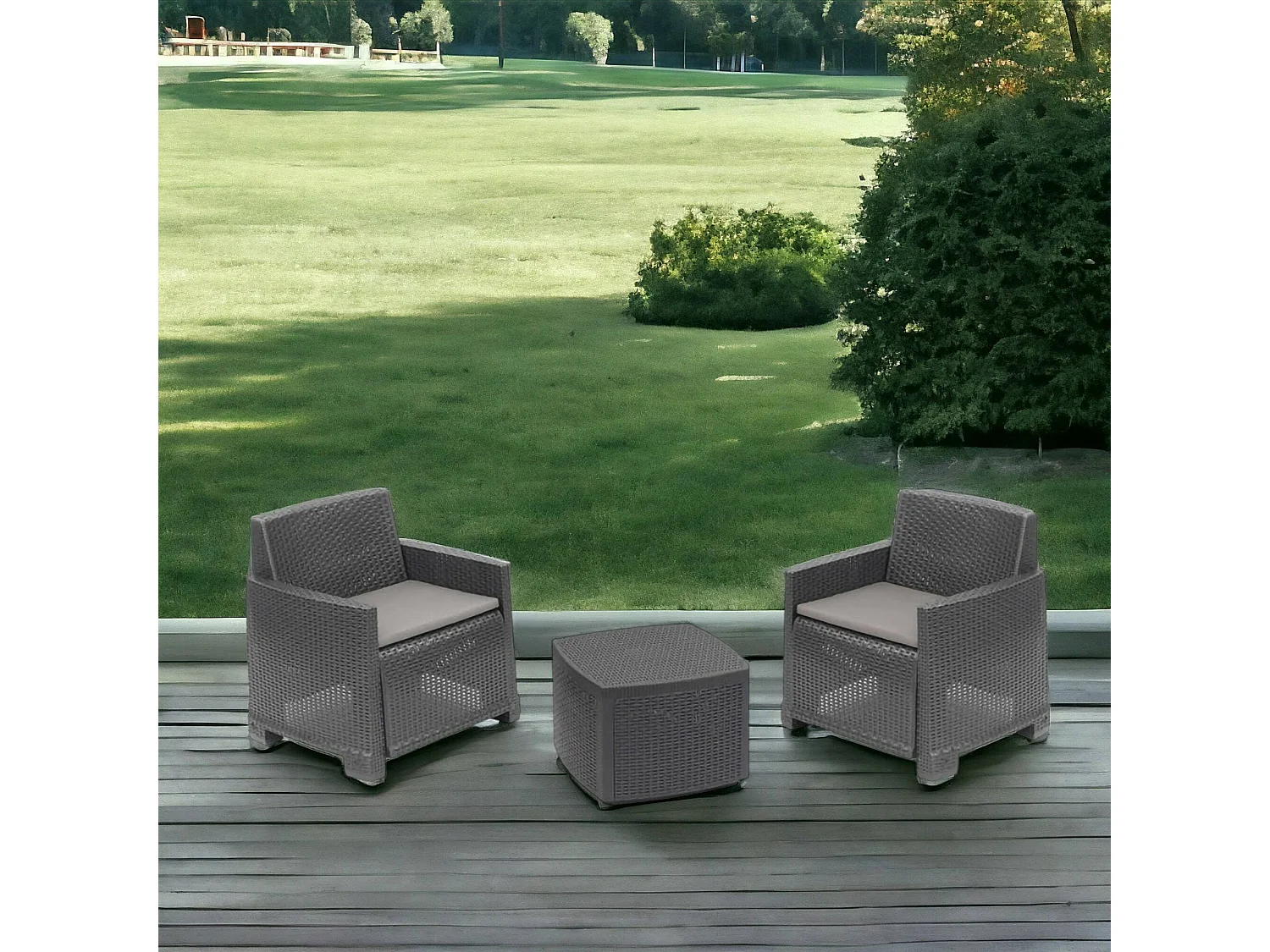 Ensemble de salon d'extérieur Dbelpan, Composition de jardin avec 2 fauteuils et 1 table de rangement, Effet rotin avec coussins, 100% Made in Italy, Anthracite