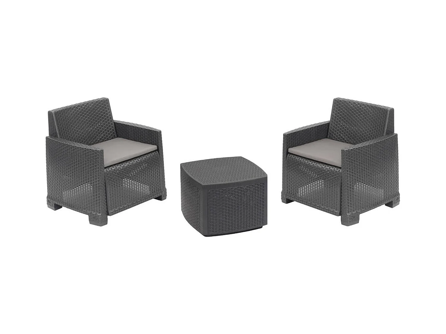 Ensemble de salon d'extérieur Dbelpan, Composition de jardin avec 2 fauteuils et 1 table de rangement, Effet rotin avec coussins, 100% Made in Italy, Anthracite