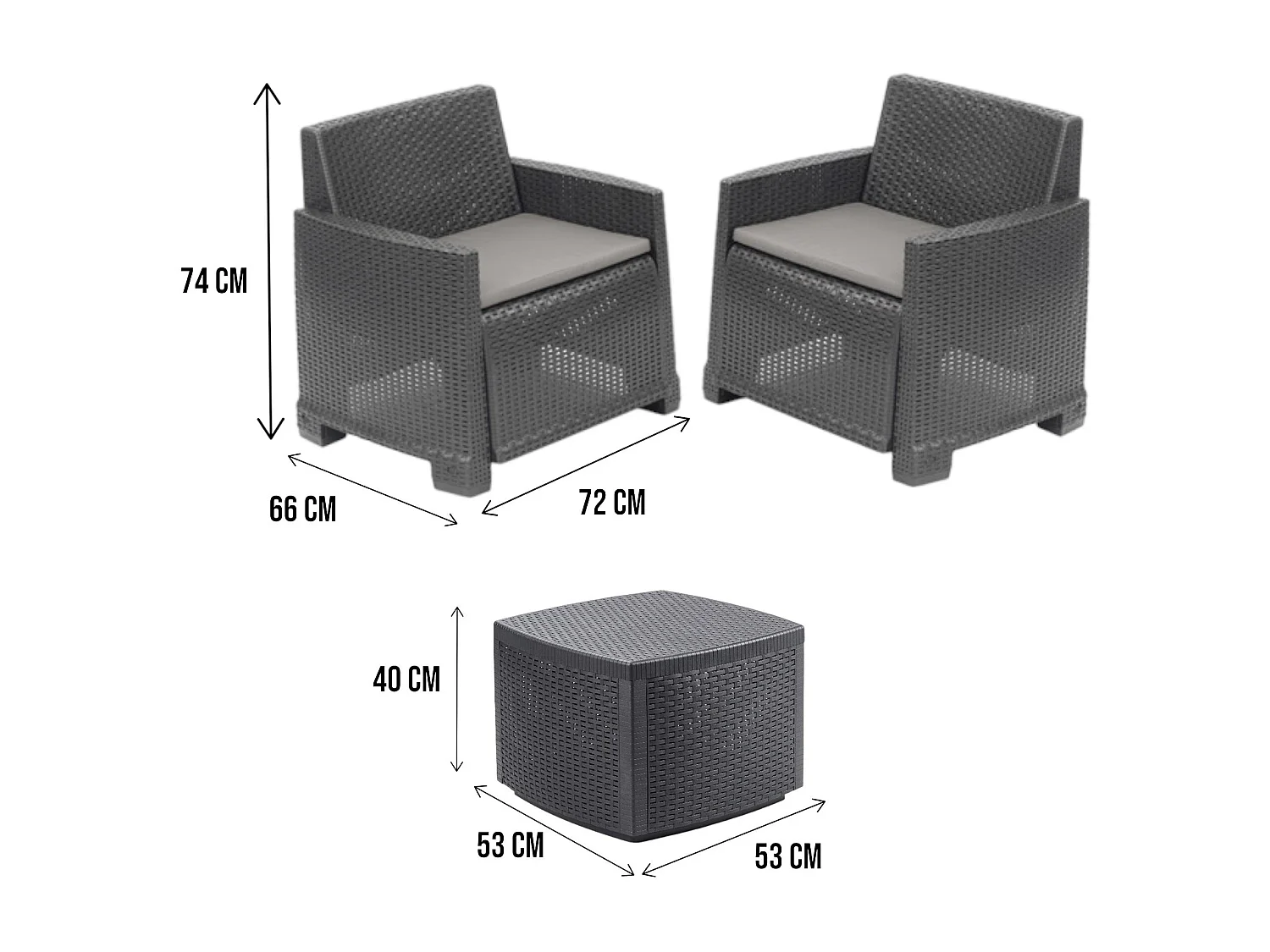 Ensemble de salon d'extérieur Dbelpan, Composition de jardin avec 2 fauteuils et 1 table de rangement, Effet rotin avec coussins, 100% Made in Italy, Anthracite