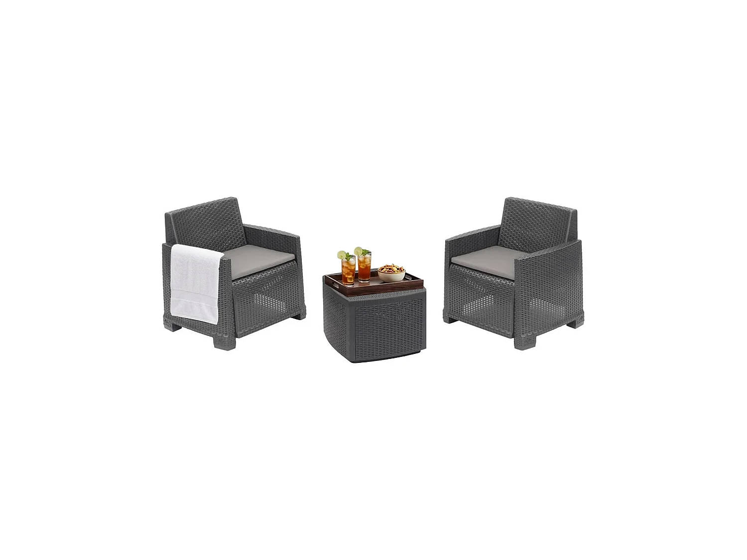 Ensemble de salon d'extérieur Dbelpan, Composition de jardin avec 2 fauteuils et 1 table de rangement, Effet rotin avec coussins, 100% Made in Italy, Anthracite