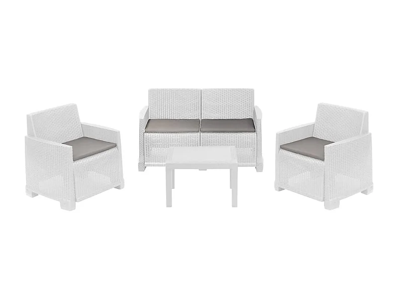 Lounge-Set für draußen Dbagnolin, Garten-Set mit 2 Sesseln, 1 Sofa und 1 Couchtisch, Rattan-Effekt mit Kissen, 100 % Made in Italy, Weiß