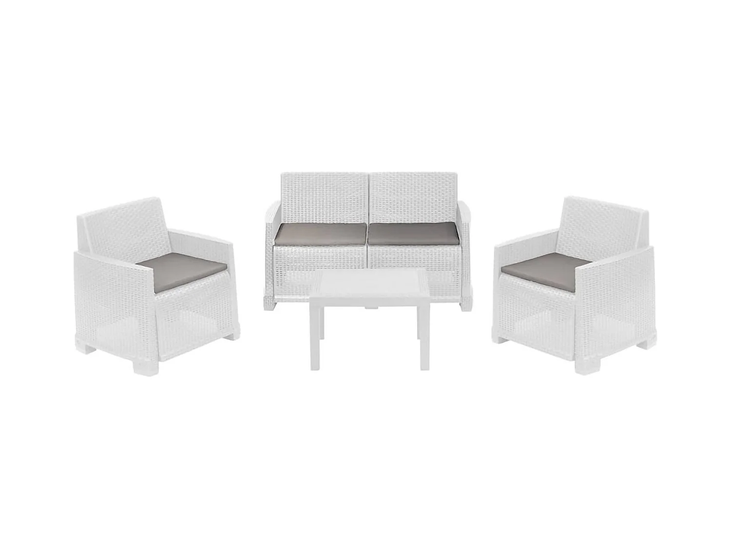 Ensemble de salon d'extérieur Dbagnolin, Composition de jardin avec 2 fauteuils, 1 canapé et 1 table basse, Effet rotin avec coussins, 100% Made in Italy, Blanc