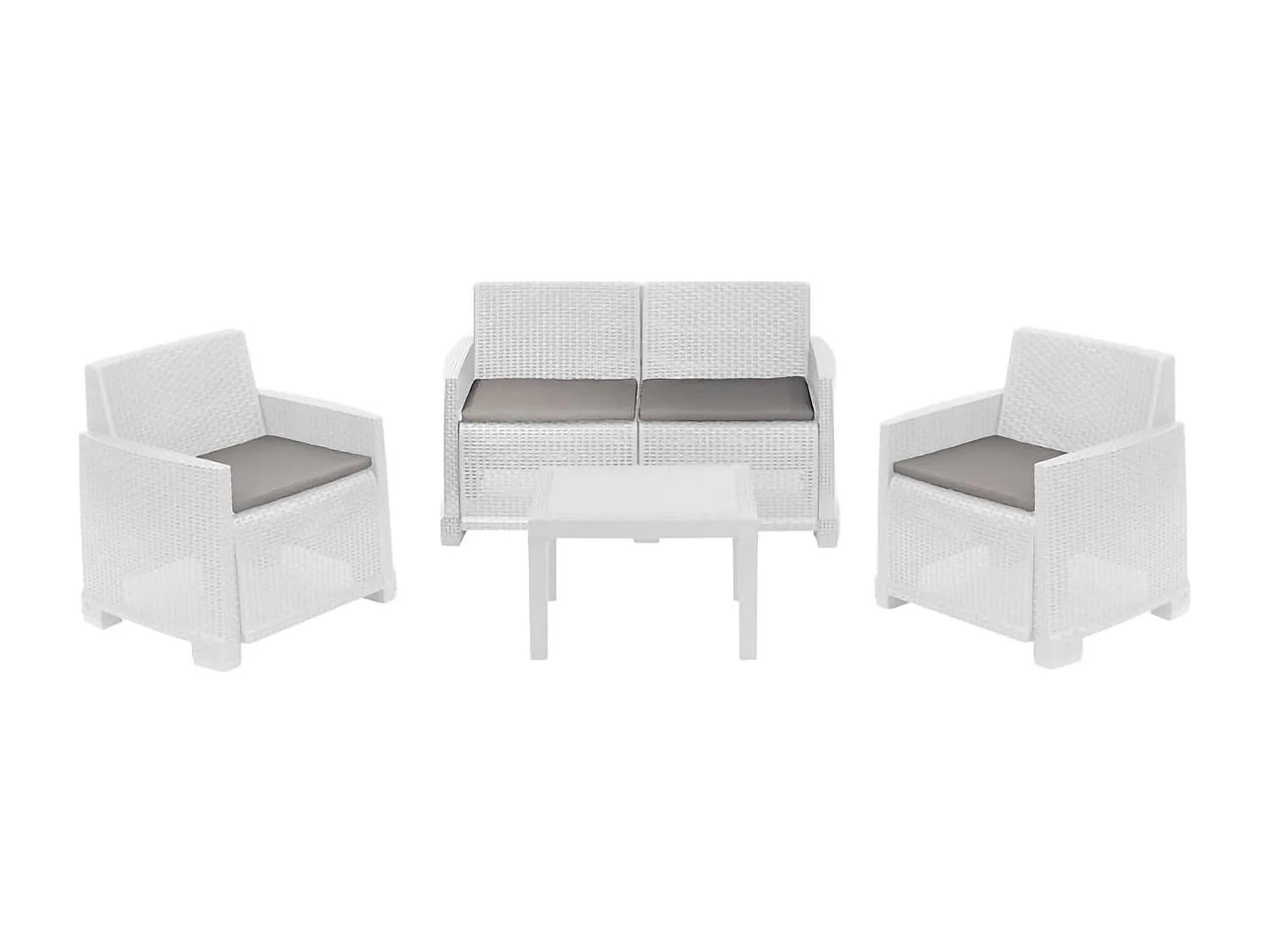 Ensemble de salon d'extérieur Dbagnolin, Composition de jardin avec 2 fauteuils, 1 canapé et 1 table basse, Effet rotin avec coussins, 100% Made in Italy, Blanc