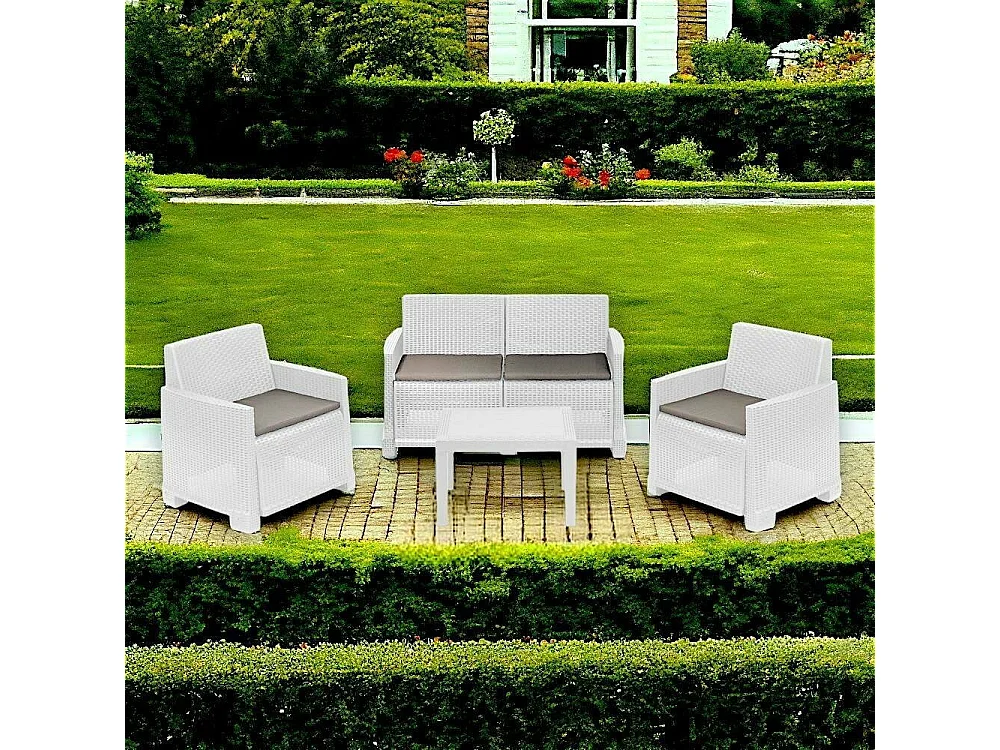 Ensemble de salon d'extérieur Dbagnolin, Composition de jardin avec 2 fauteuils, 1 canapé et 1 table basse, Effet rotin avec coussins, 100% Made in Italy, Blanc