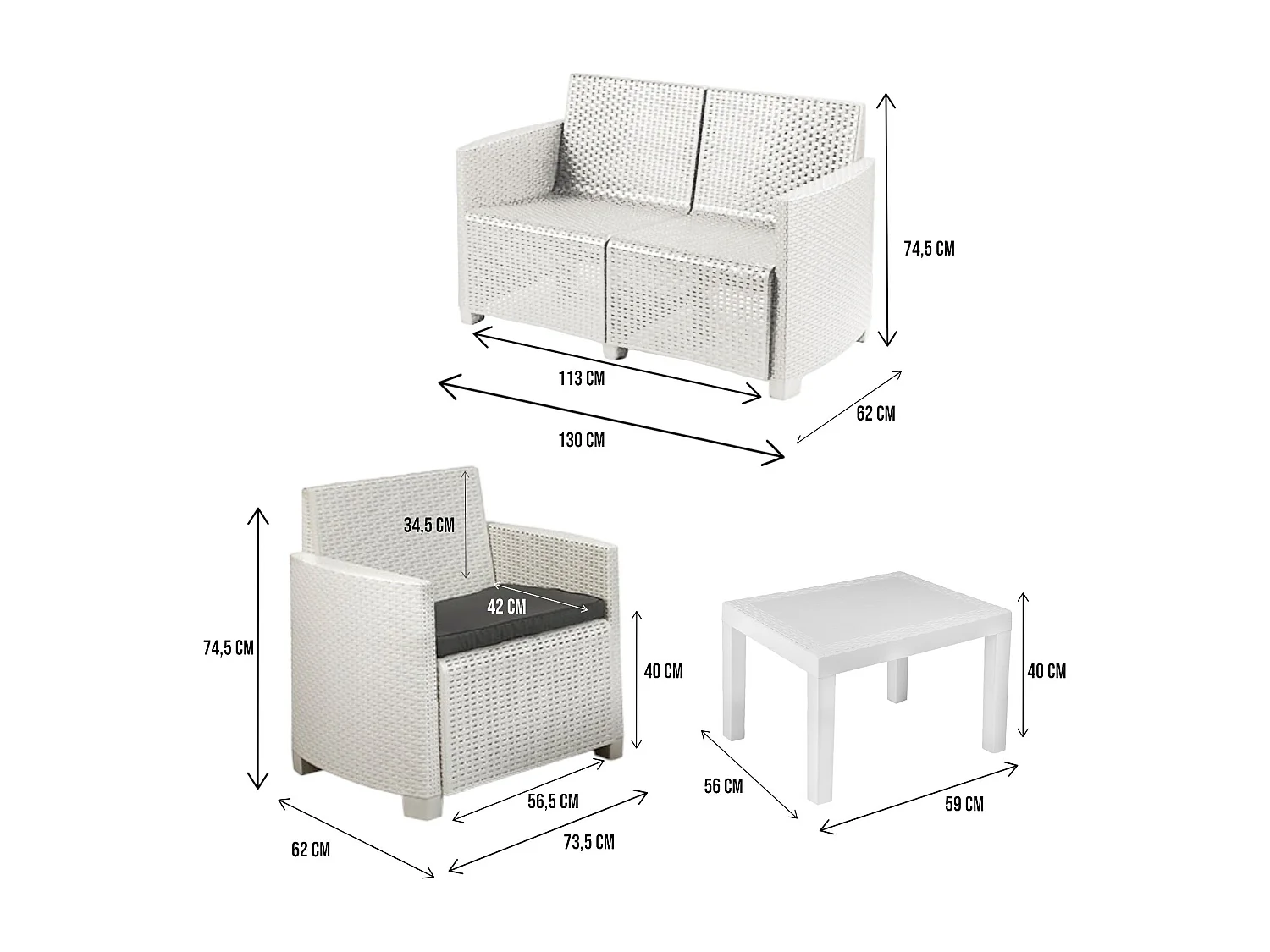 Ensemble de salon d'extérieur Dbagnolin, Composition de jardin avec 2 fauteuils, 1 canapé et 1 table basse, Effet rotin avec coussins, 100% Made in Italy, Blanc