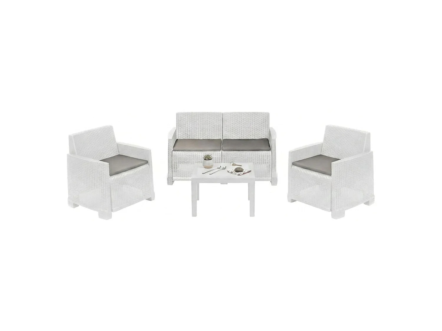Ensemble de salon d'extérieur Dbagnolin, Composition de jardin avec 2 fauteuils, 1 canapé et 1 table basse, Effet rotin avec coussins, 100% Made in Italy, Blanc