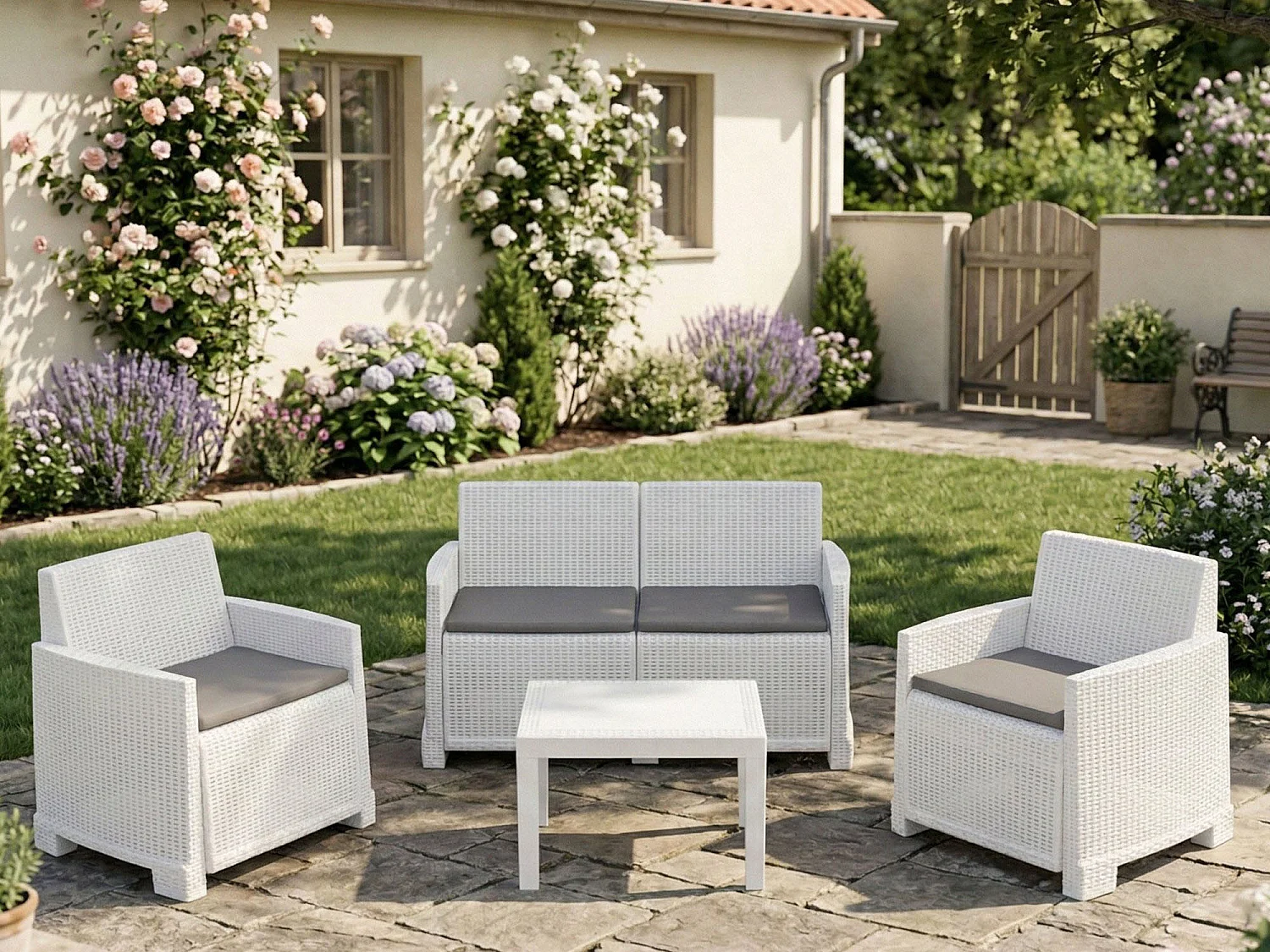 Ensemble de salon d'extérieur Dbagnolin, Composition de jardin avec 2 fauteuils, 1 canapé et 1 table basse, Effet rotin avec coussins, 100% Made in Italy, Blanc