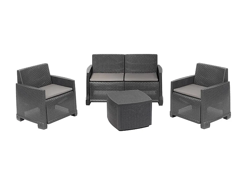 Lounge-Set für draußen Dbalestrer, Garten-Set mit 2 Sesseln, 1 Sofa und 1 Aufbewahrungstisch, Rattan-Effekt mit Kissen, 100 % Made in Italy, Anthrazit