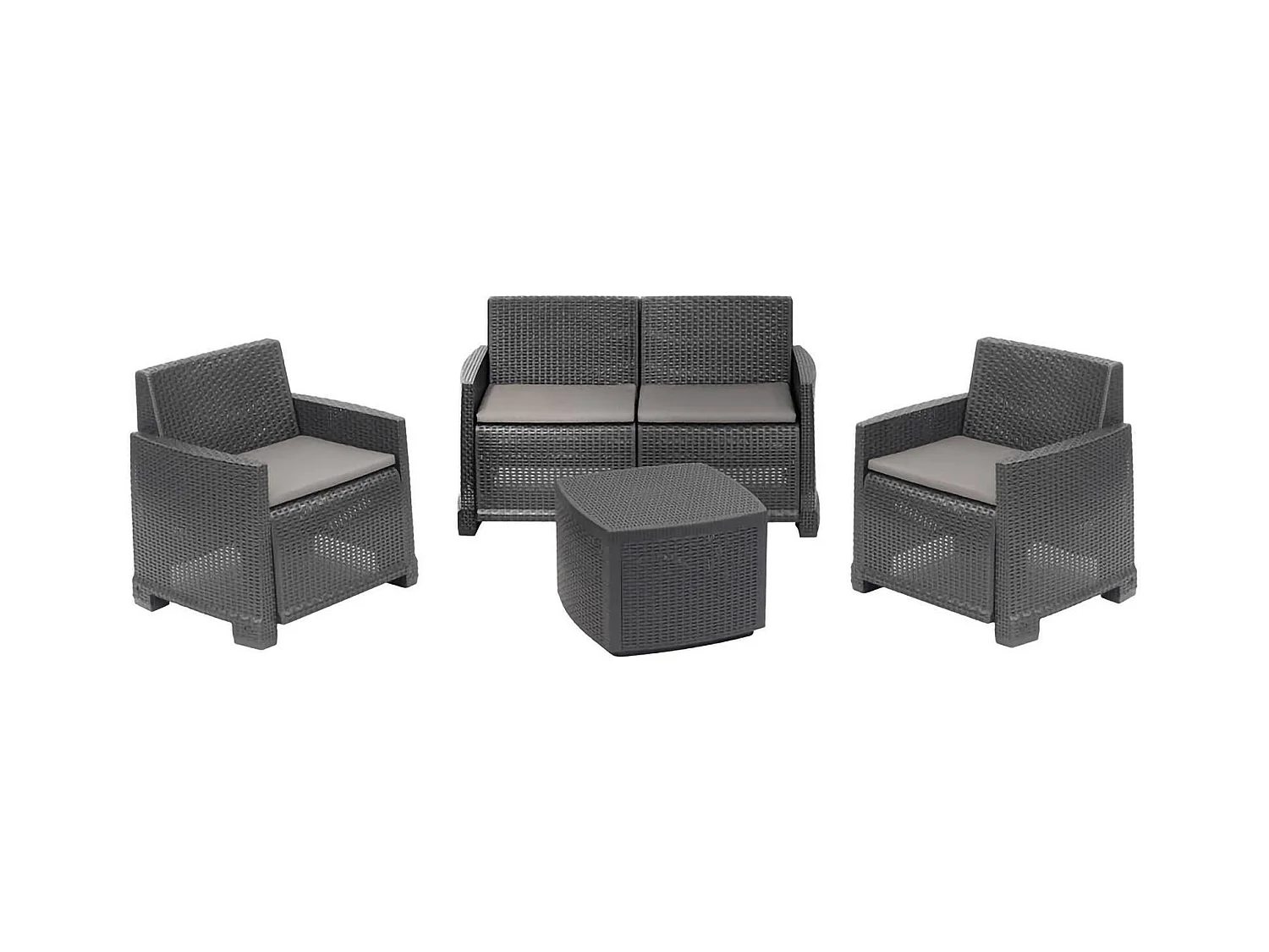 Salon d'extérieur Dbalestrer, Salon de jardin avec 2 fauteuils, 1 canapé et 1 table de rangement, Effet rotin avec coussins, 100% Made in Italy, Anthracite