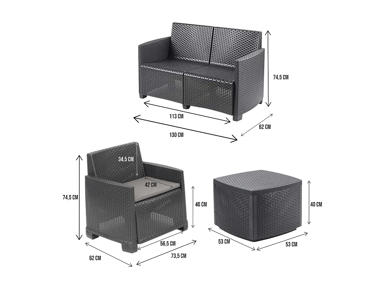 Dbalestrer outdoor loungeset, Tuinset met 2 fauteuils, 1 bank en 1 opbergtafel, Rotan effect met kussens, 100% Made in Italy, Antraciet