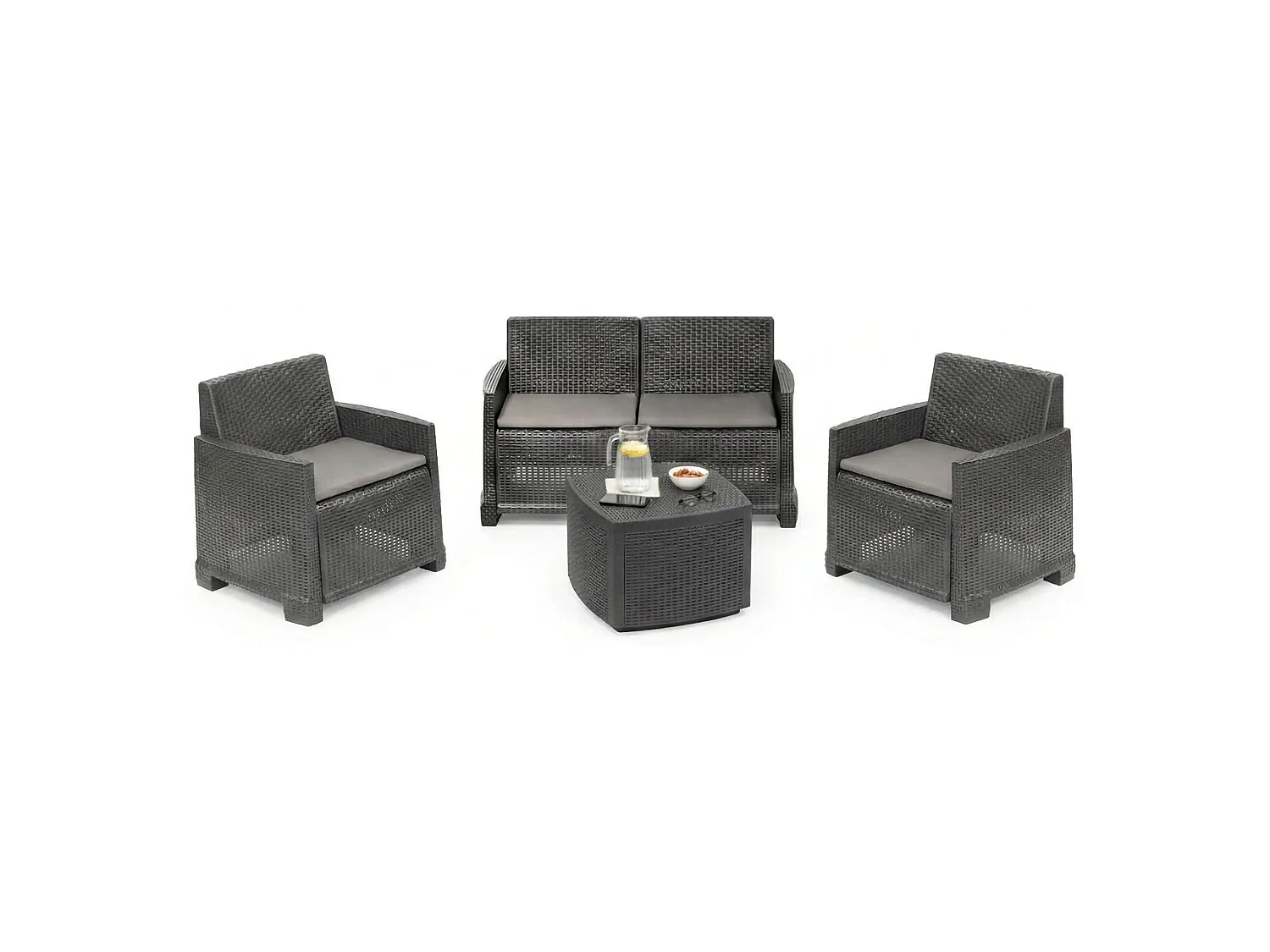 Dbalestrer outdoor loungeset, Tuinset met 2 fauteuils, 1 bank en 1 opbergtafel, Rotan effect met kussens, 100% Made in Italy, Antraciet