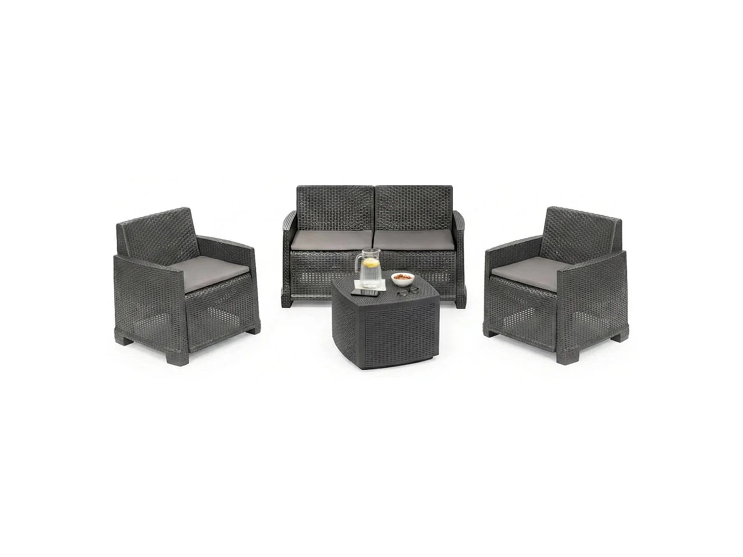 Dbalestrer outdoor loungeset, Tuinset met 2 fauteuils, 1 bank en 1 opbergtafel, Rotan effect met kussens, 100% Made in Italy, Antraciet