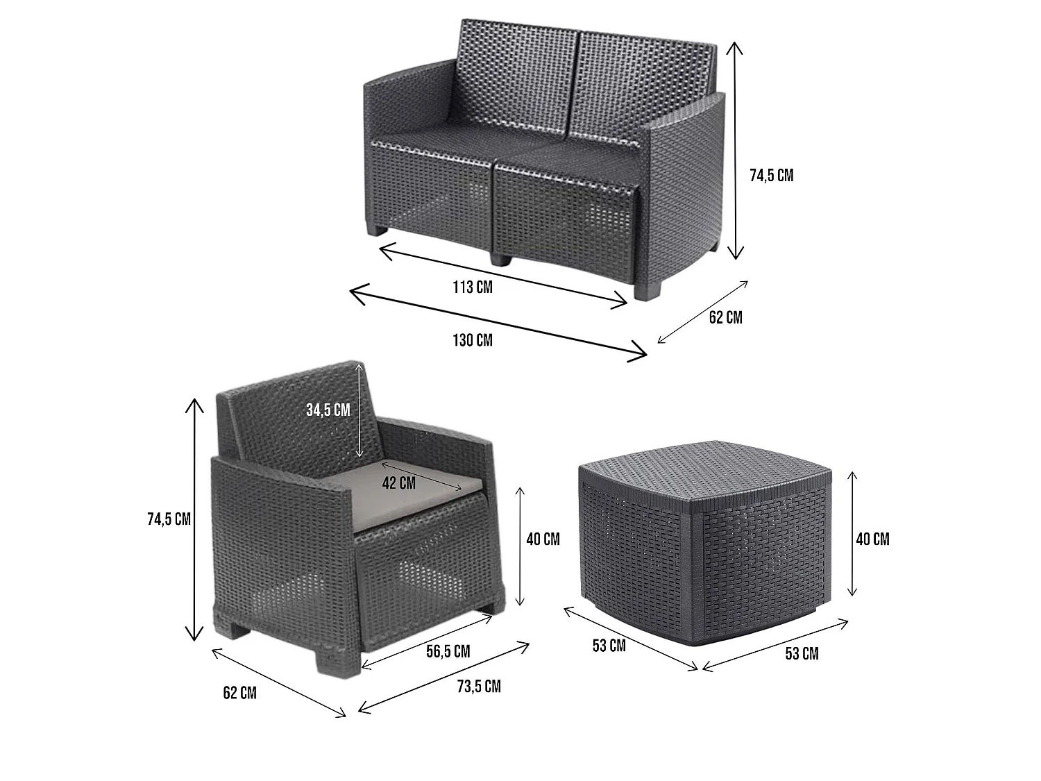 Dbalestrer outdoor loungeset, Tuinset met 2 fauteuils, 1 bank en 1 opbergtafel, Rotan effect met kussens, 100% Made in Italy, Antraciet