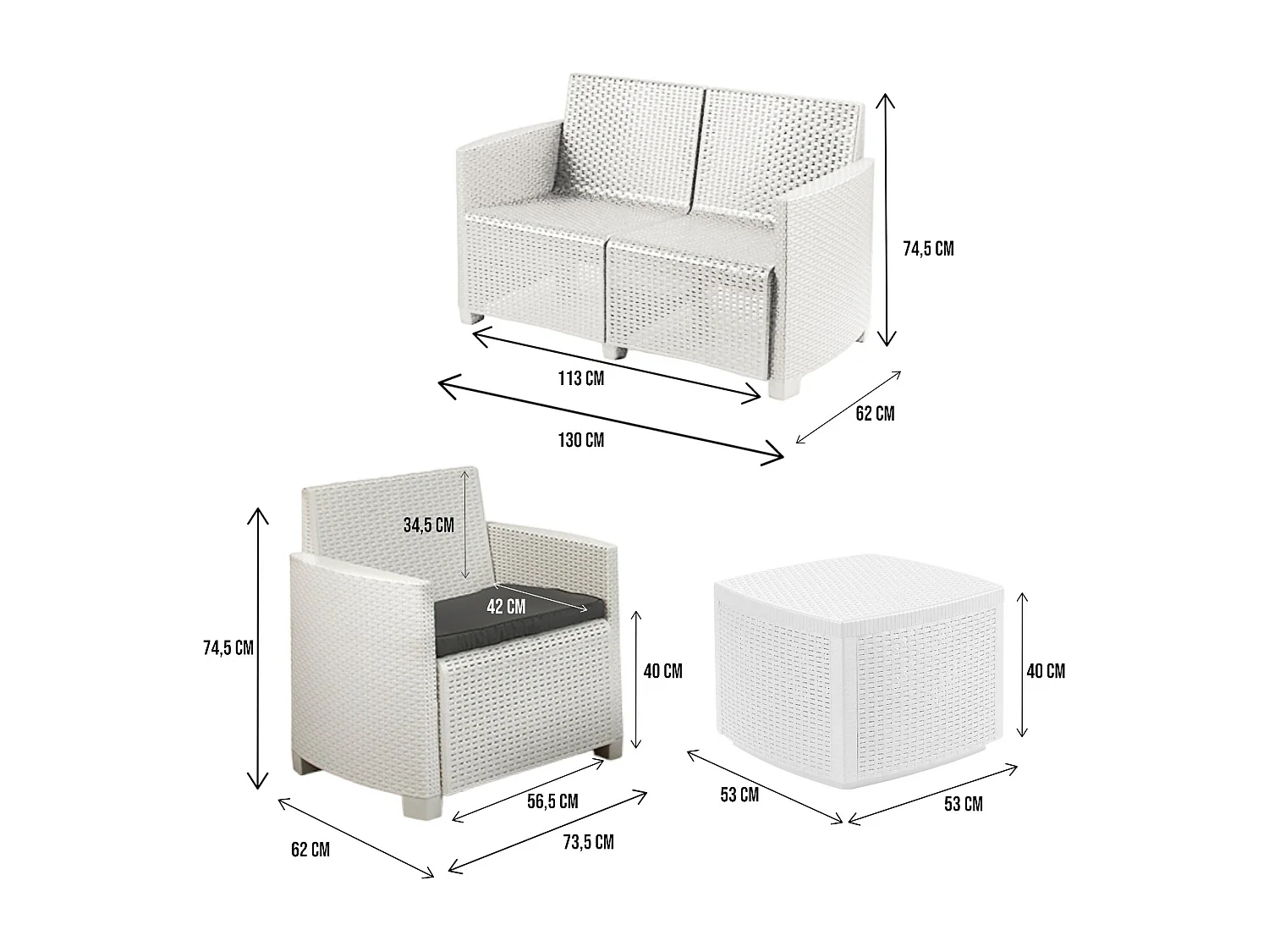 Lounge-Set für drauÃŸen Dbalestrer, Garten-Set mit 2 Sesseln, 1 Sofa und 1 Aufbewahrungstisch, Rattan-Effekt mit Kissen, 100 % Made in Italy, WeiÃŸ