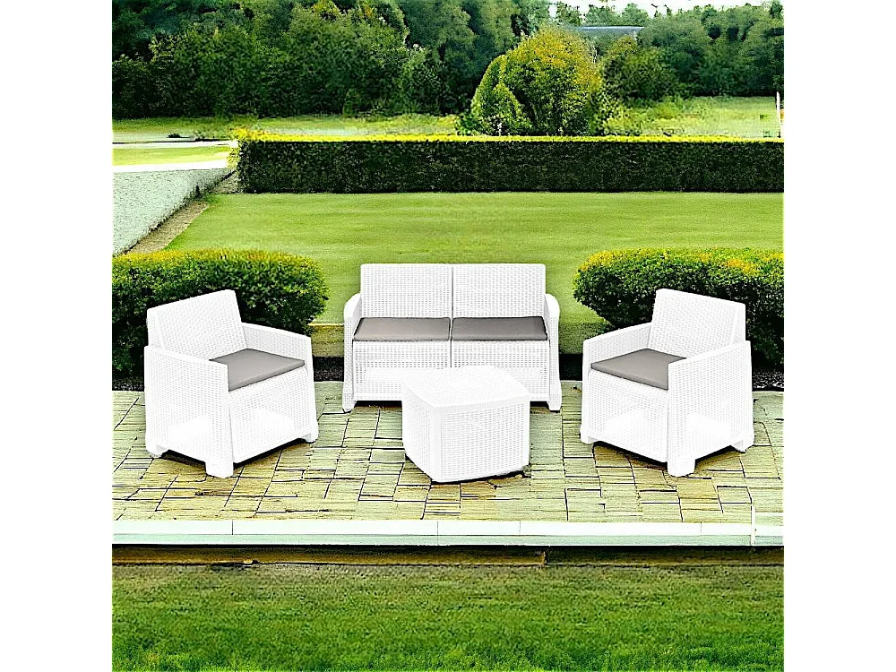 Lounge-Set für drauÃŸen Dbalestrer, Garten-Set mit 2 Sesseln, 1 Sofa und 1 Aufbewahrungstisch, Rattan-Effekt mit Kissen, 100 % Made in Italy, WeiÃŸ