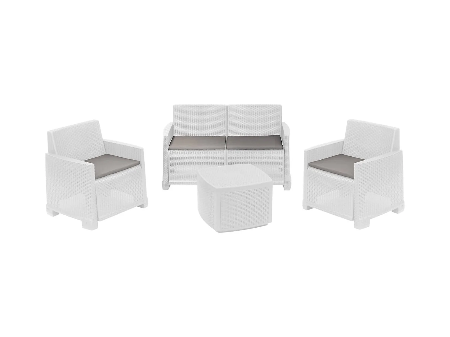 Salon d'extérieur Dbalestrer, Ensemble de jardin avec 2 fauteuils, 1 canapé et 1 table de rangement, Effet rotin avec coussins, 100% Made in Italy, Blanc