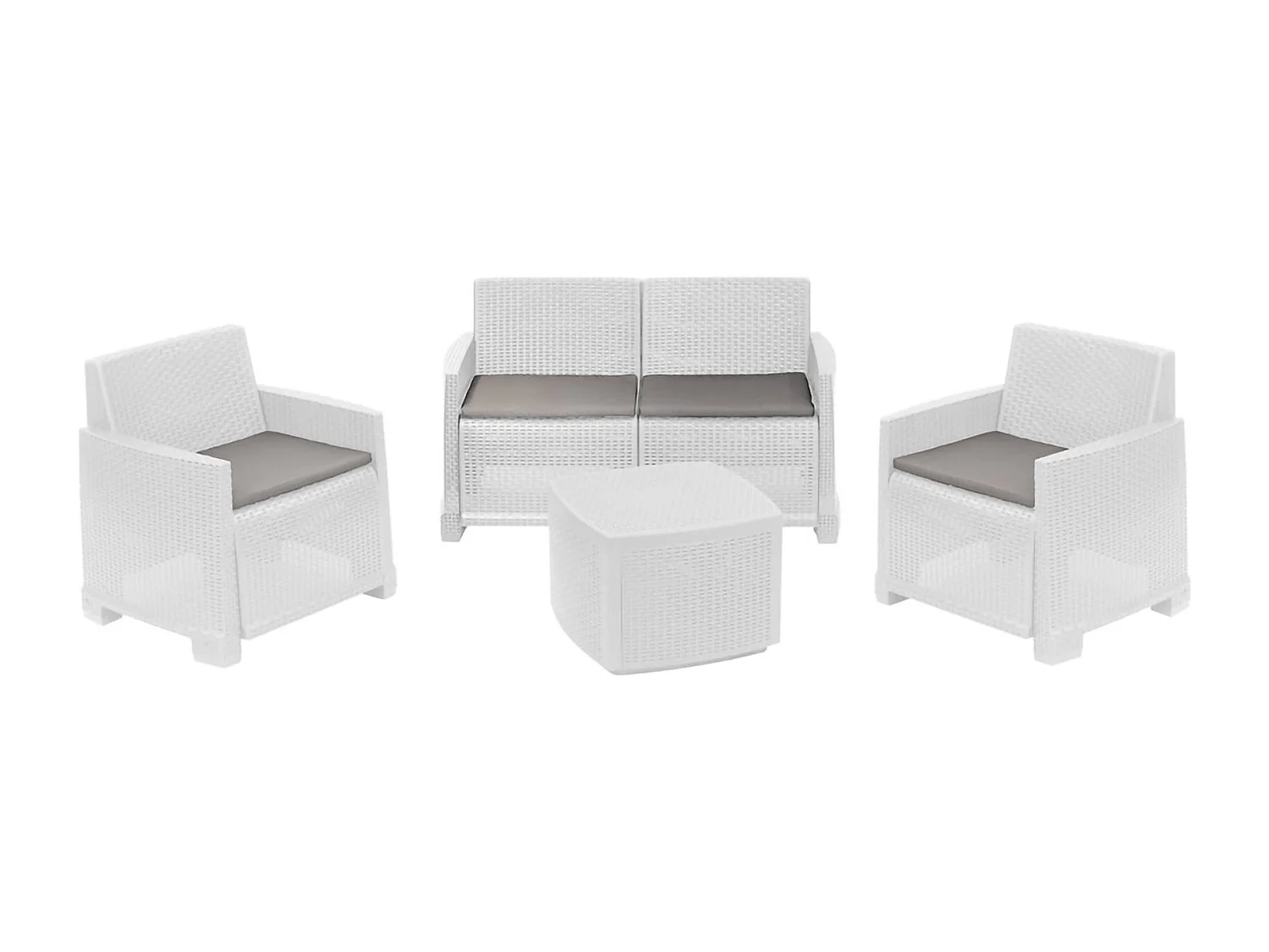 Salon d'extérieur Dbalestrer, Ensemble de jardin avec 2 fauteuils, 1 canapé et 1 table de rangement, Effet rotin avec coussins, 100% Made in Italy, Blanc